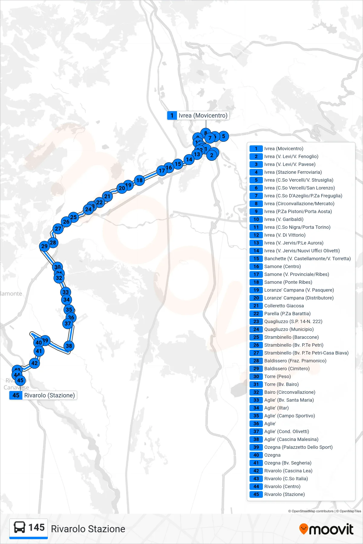 145 bus Line (Rivarolo Station) route and stops on a map