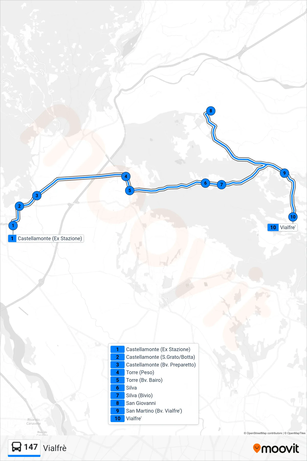 Linea 147  bus (Vialfrè) - Percorsi e fermate sulla mappa