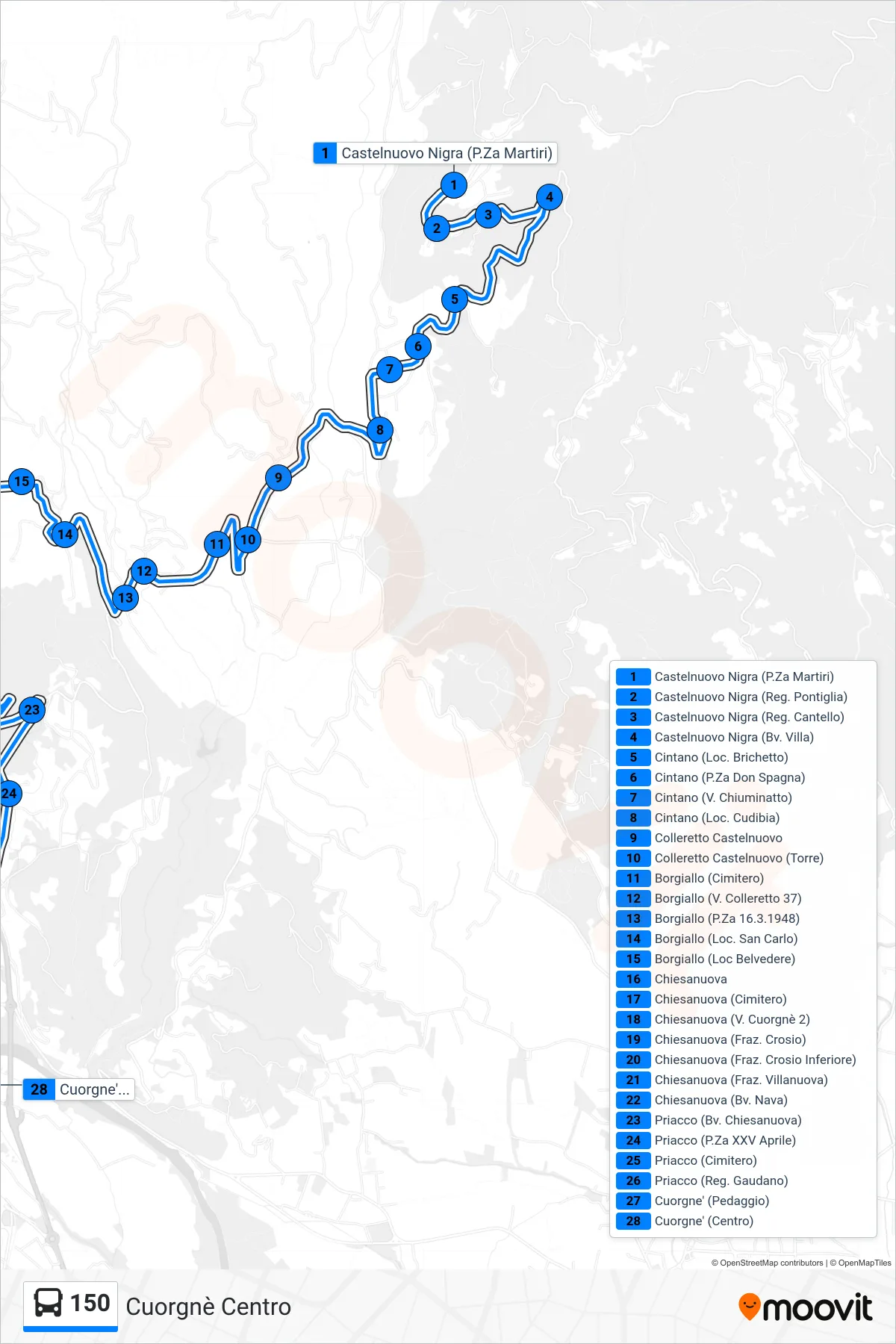Linea 150 bus (Cuorgnè Centro) - Percorsi e fermate sulla mappa