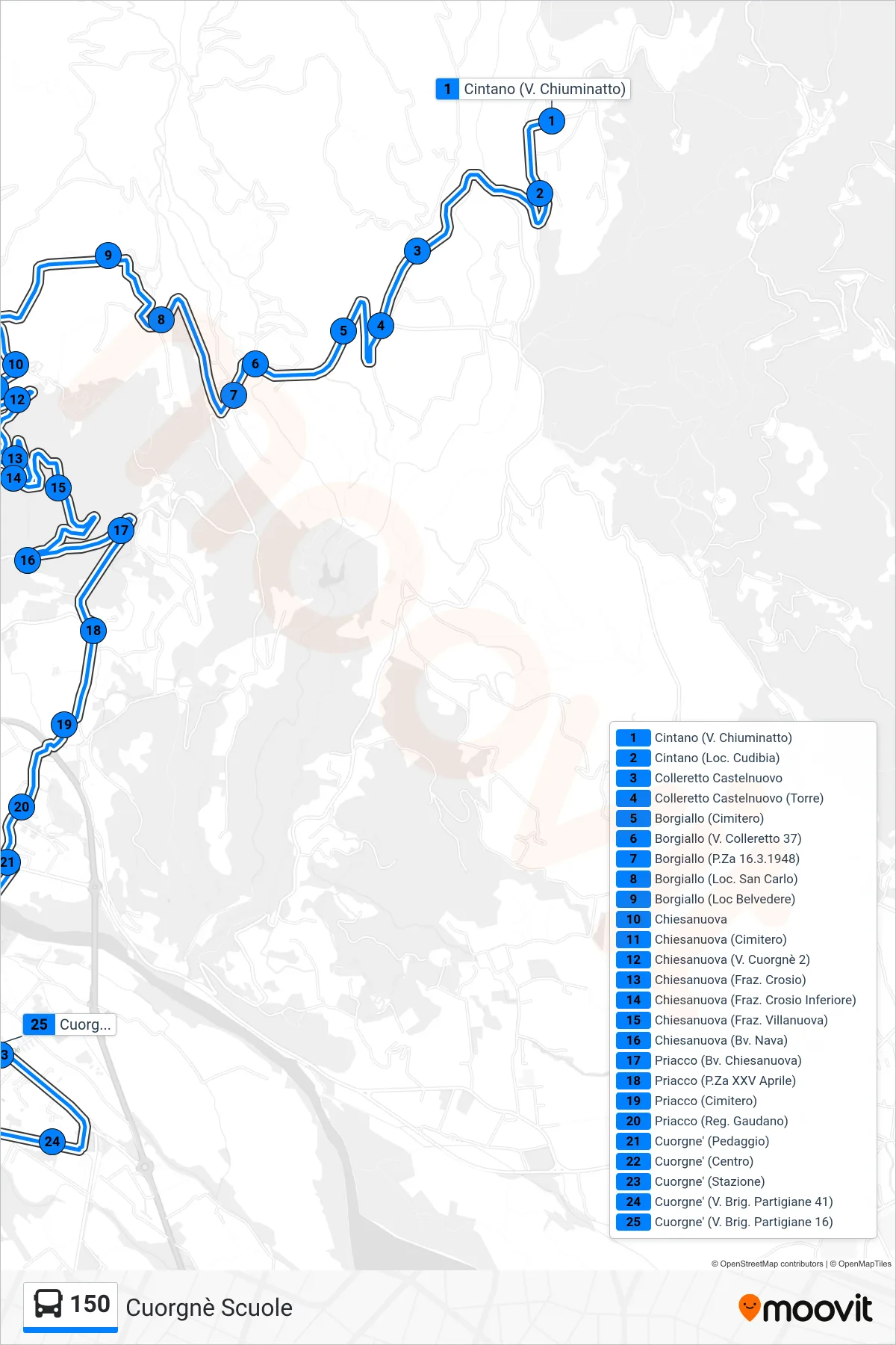 Linea 150  bus (Cuorgnè Scuole) - Percorsi e fermate sulla mappa