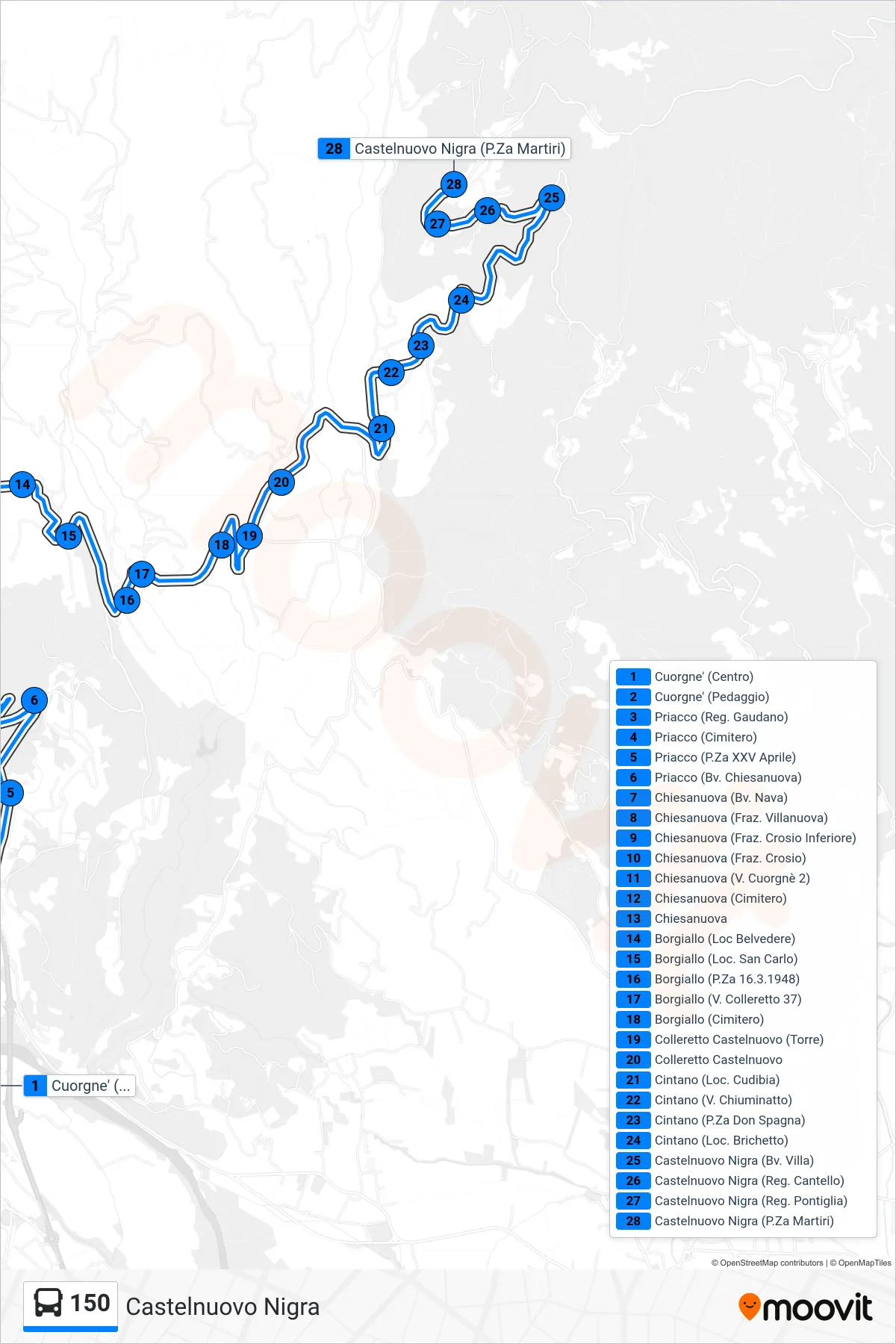 Linea 150  bus (Castelnuovo Nigra) - Percorsi e fermate sulla mappa
