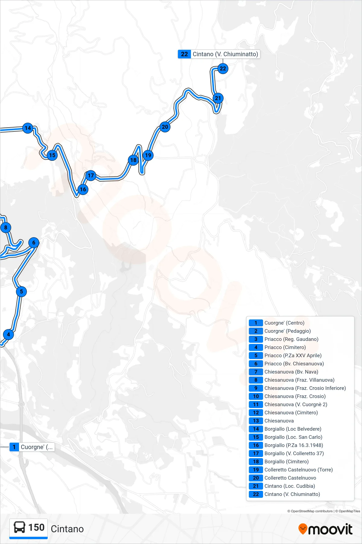 Linea 150 bus (Cintano) - Percorsi e fermate sulla mappa