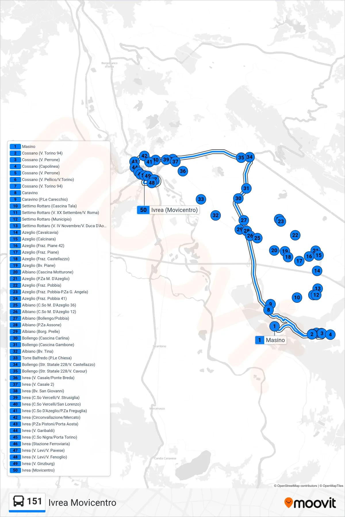 Linea 151 bus (Ivrea Movicentro) - Percorsi e fermate sulla mappa