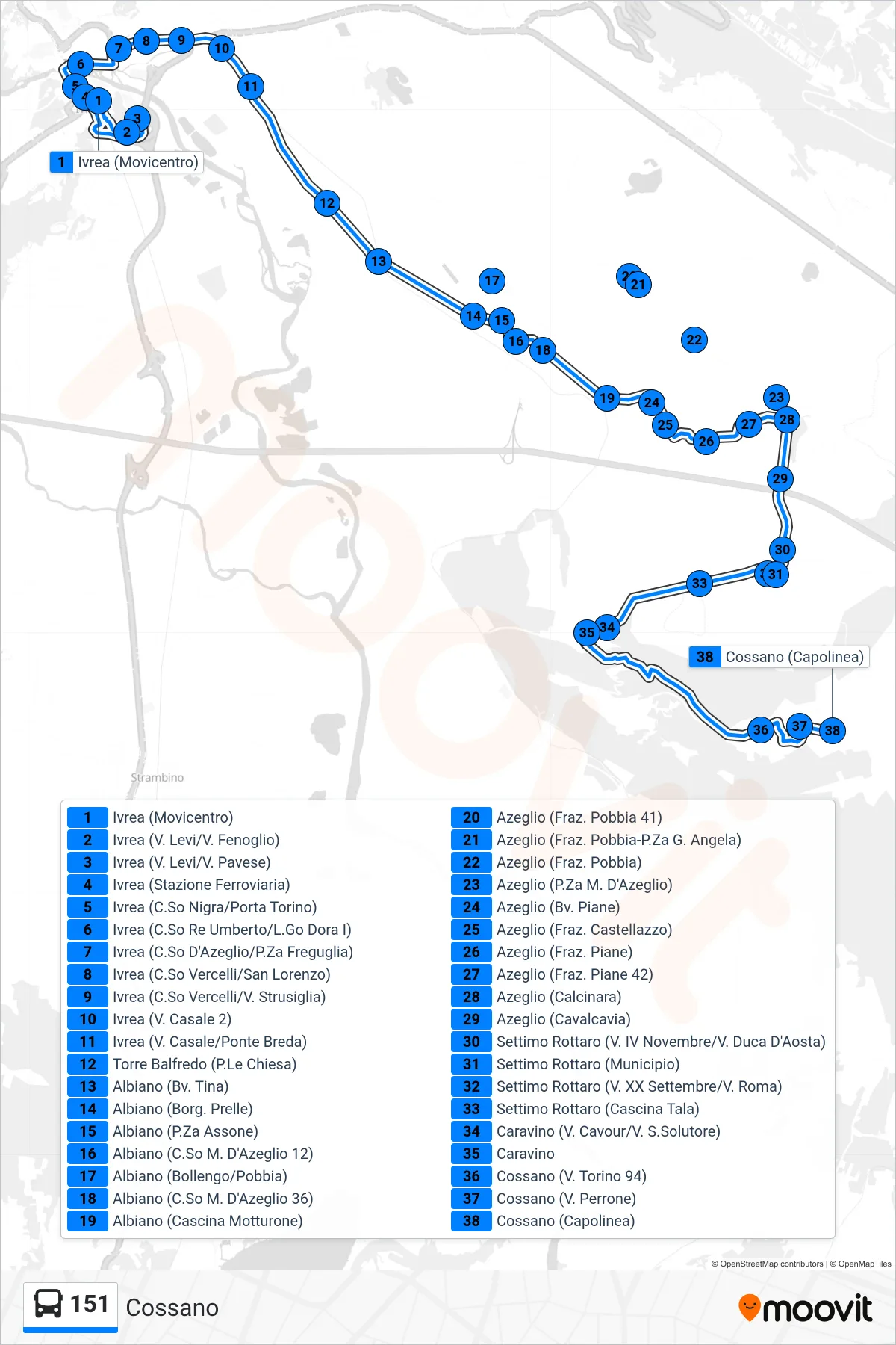Linea 151 bus (Cossano) - Percorsi e fermate sulla mappa