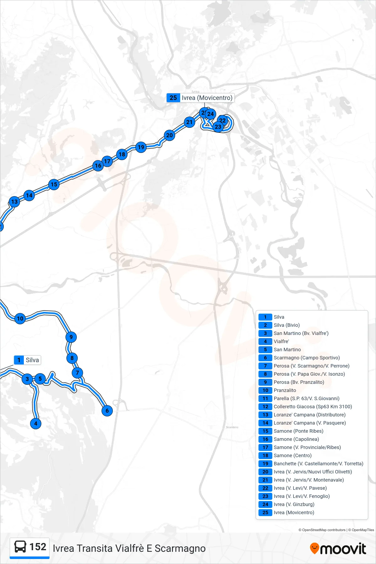 152 bus Line (Ivrea via Vialfre and Scarmagno) route and stops on a map