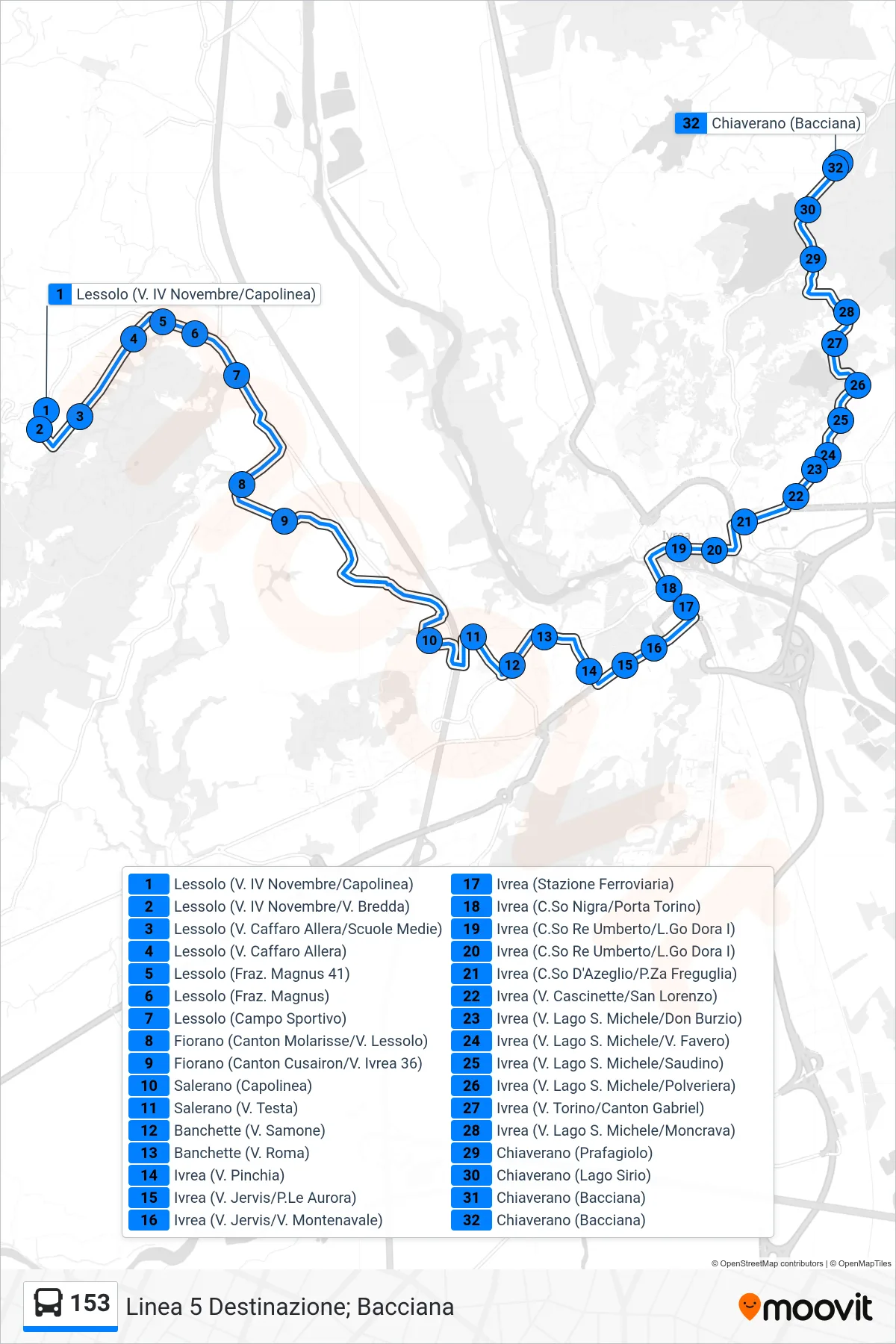 Linea 153 bus (Linea 5 Destinazione; Bacciana) - Percorsi e fermate sulla mappa