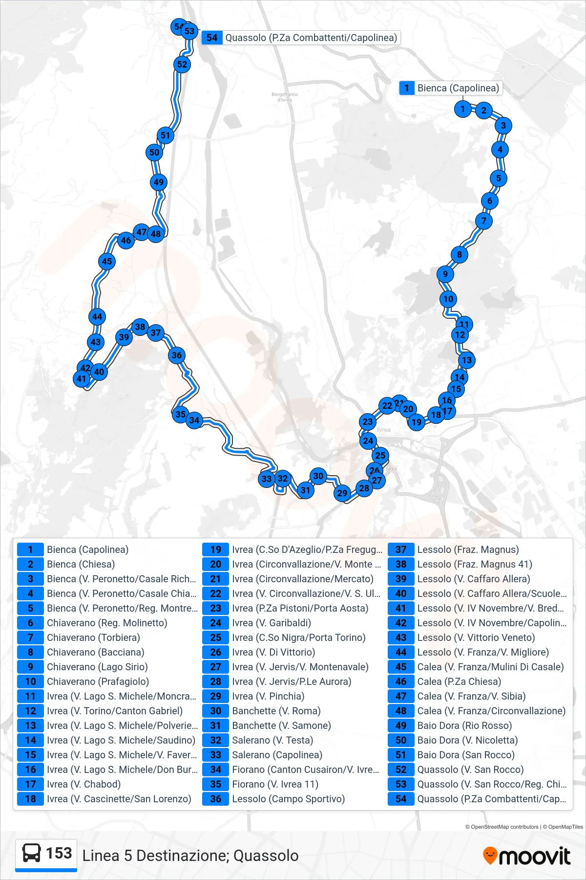Linea 153  bus (Linea 5 Destinazione; Quassolo) - Percorsi e fermate sulla mappa