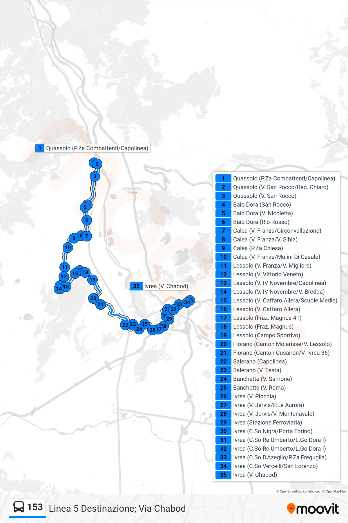 Linea 153 bus (Linea 5 Destinazione; Via Chabod) - Percorsi e fermate sulla mappa