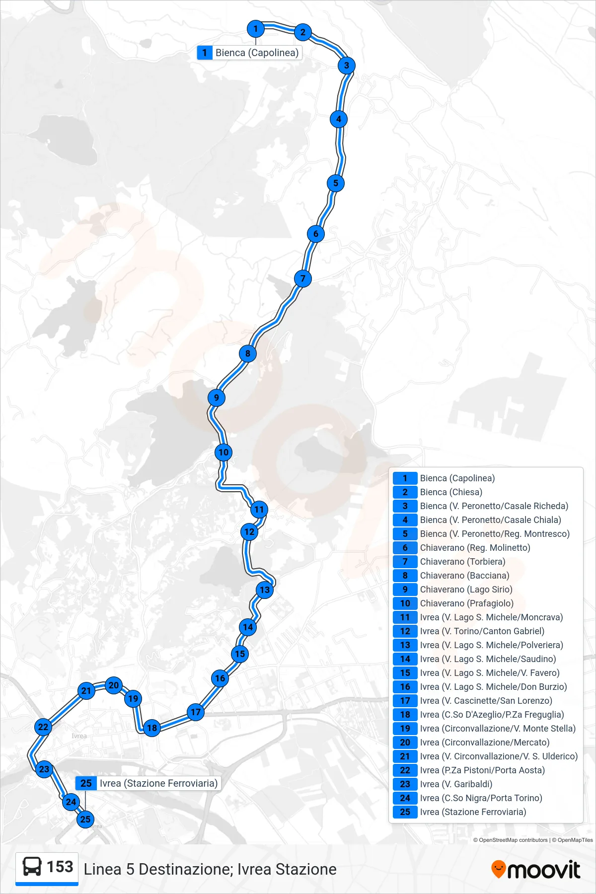 Linea 153  bus (Linea 5 Destinazione; Ivrea Stazione) - Percorsi e fermate sulla mappa