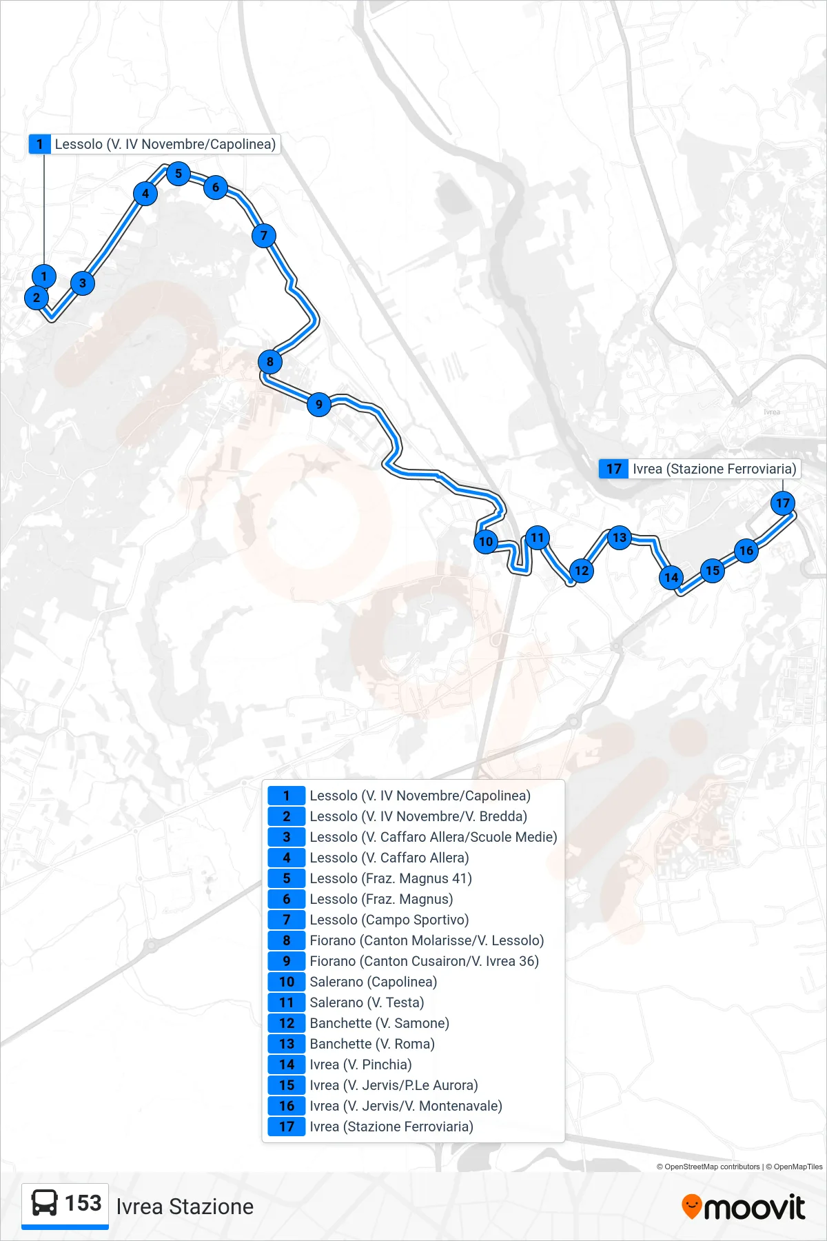 Linea 153  bus (Ivrea Stazione) - Percorsi e fermate sulla mappa