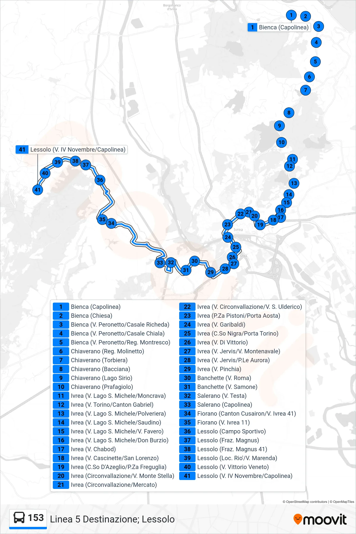 Linea 153  bus (Linea 5 Destinazione; Lessolo) - Percorsi e fermate sulla mappa