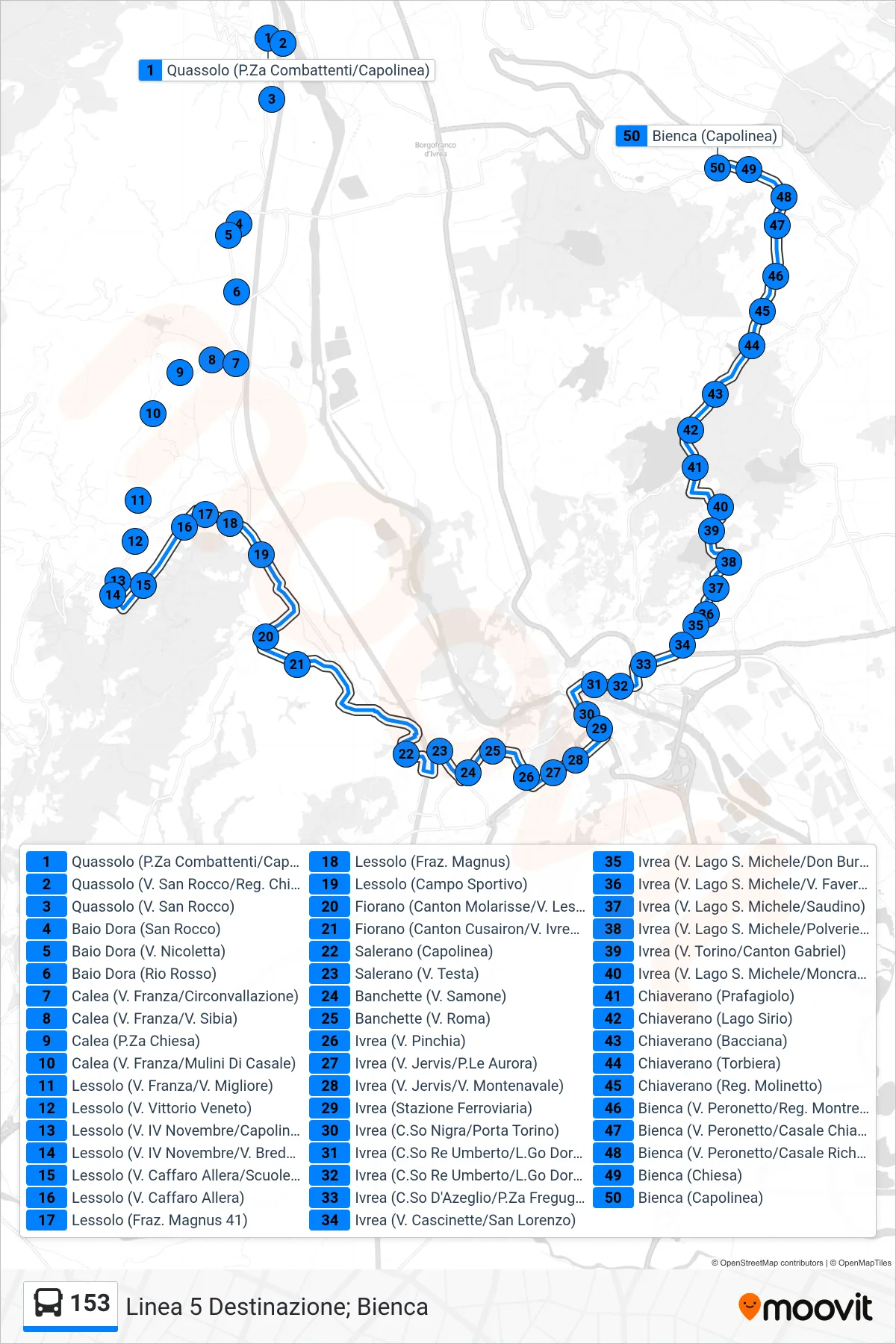 Linea 153 bus (Linea 5 Destinazione; Bienca) - Percorsi e fermate sulla mappa