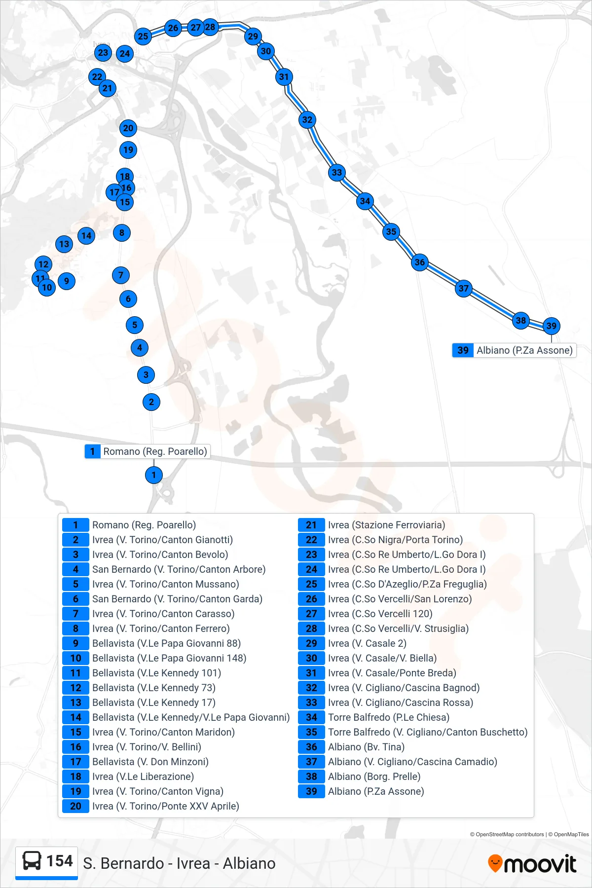 Linea 154  bus (Linea 1 Barrato Destinazione; Albiano) - Percorsi e fermate sulla mappa