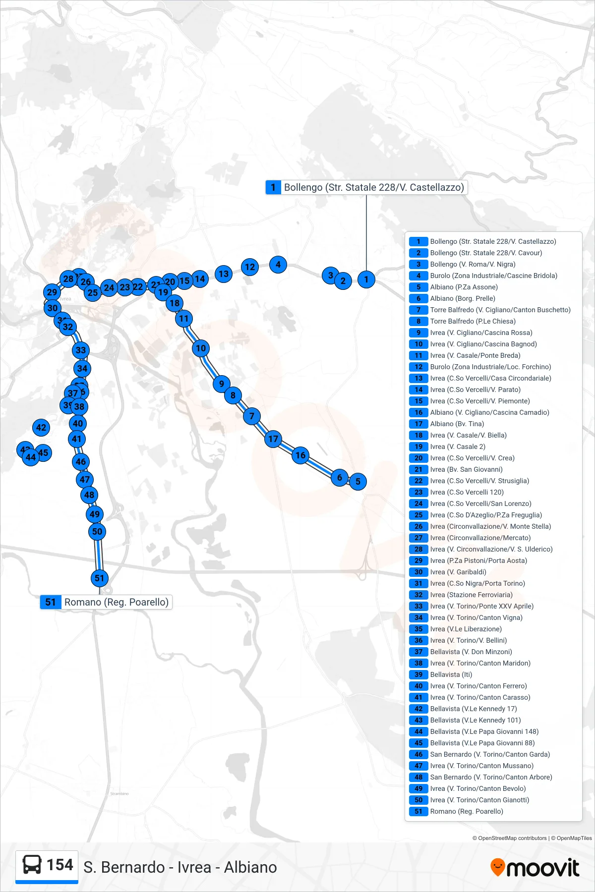 Linea 154  bus (Linea 1 Barrato Destinazione; San Bernardo) - Percorsi e fermate sulla mappa