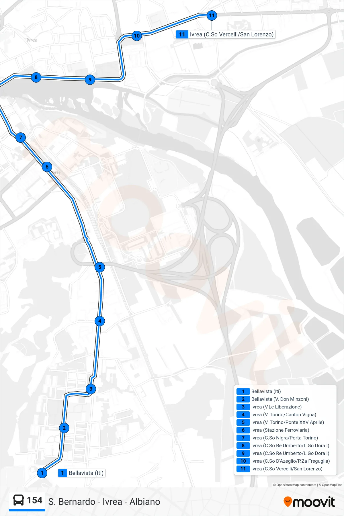 Linea 154  bus (Linea 1 Destinazione; Ivrea San Lorenzo) - Percorsi e fermate sulla mappa