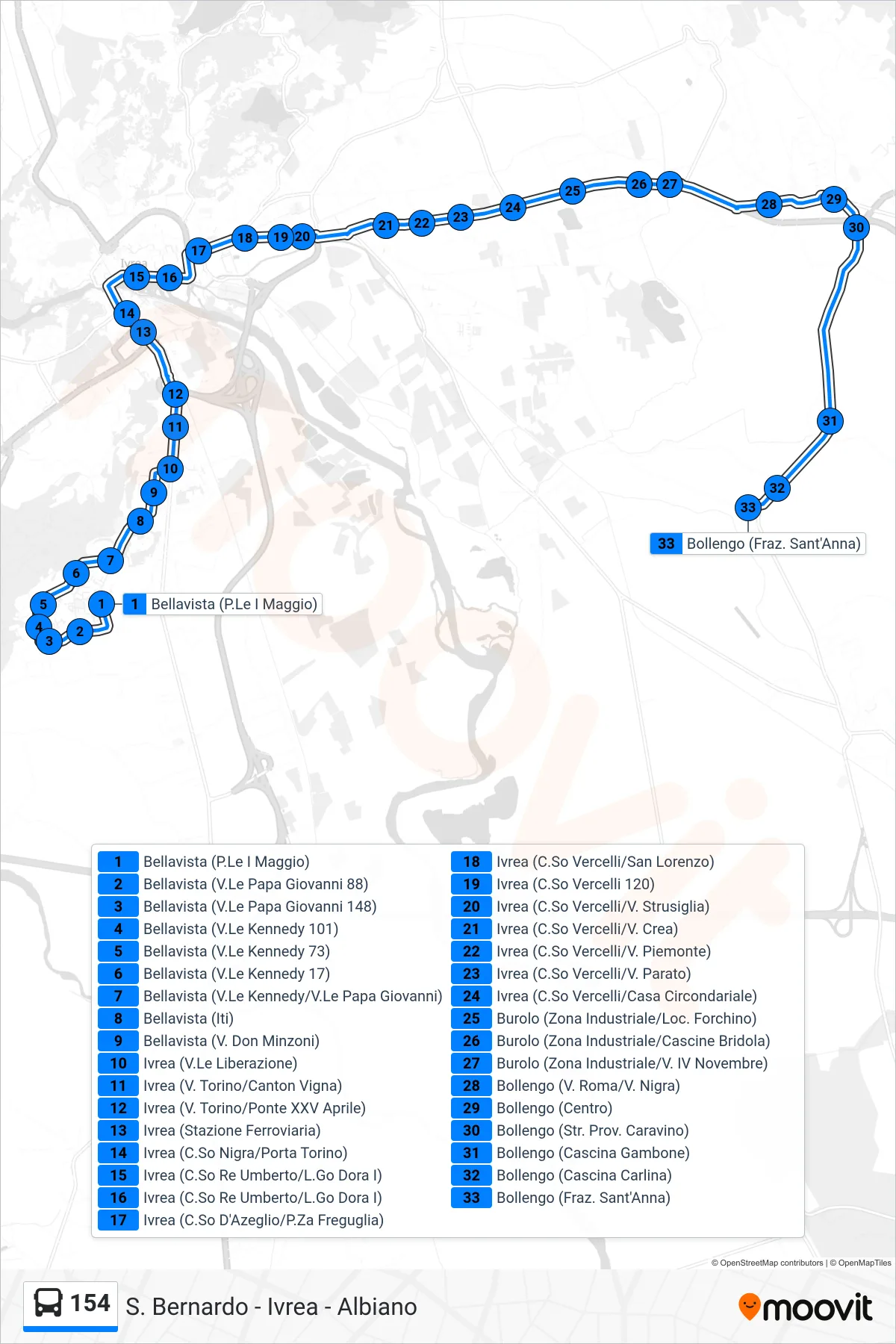 Linea 154 bus (Linea 1 Destinazione; Sant'Anna) - Percorsi e fermate sulla mappa