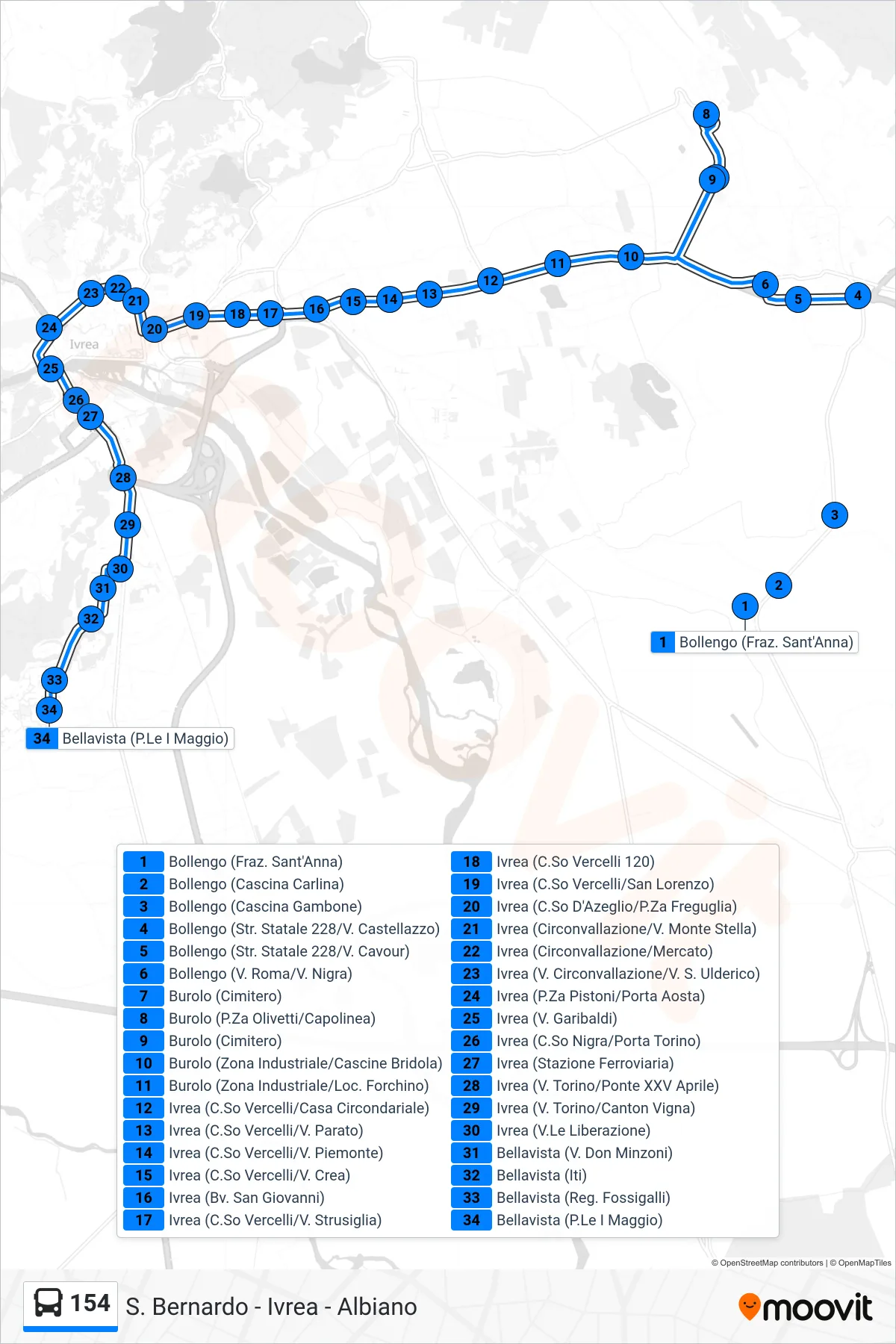 Linea 154  bus (Linea 1 Destinazione; Bellavista) - Percorsi e fermate sulla mappa