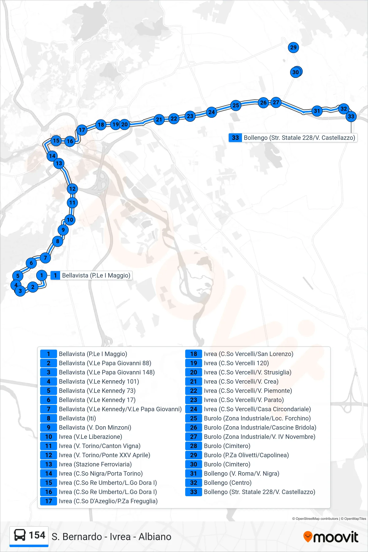 Linea 154 bus (Linea 1 Destinazione; Bollengo) - Percorsi e fermate sulla mappa