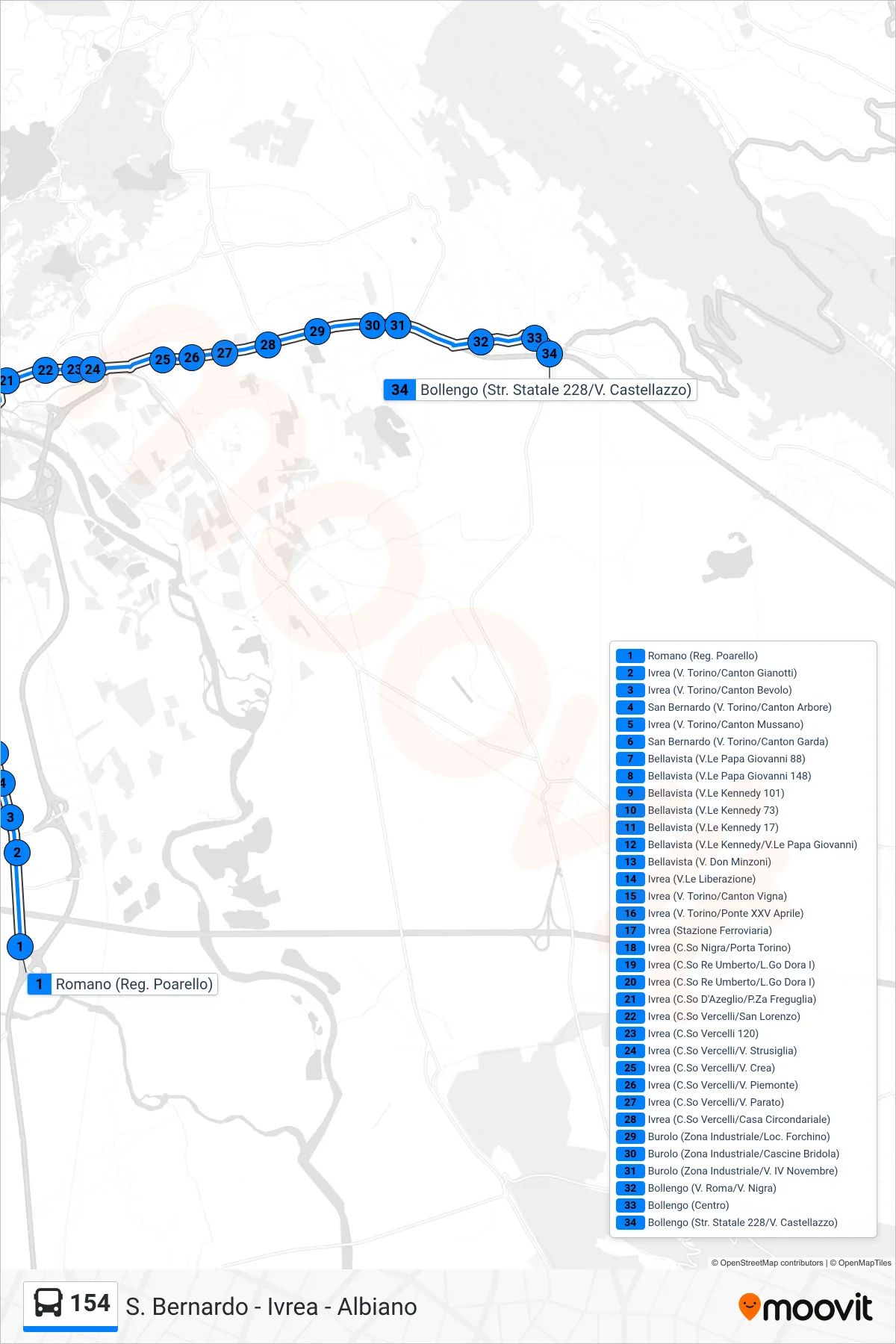 Linea 154  bus (Linea 1 Barrato Destinazione; Bollegno) - Percorsi e fermate sulla mappa