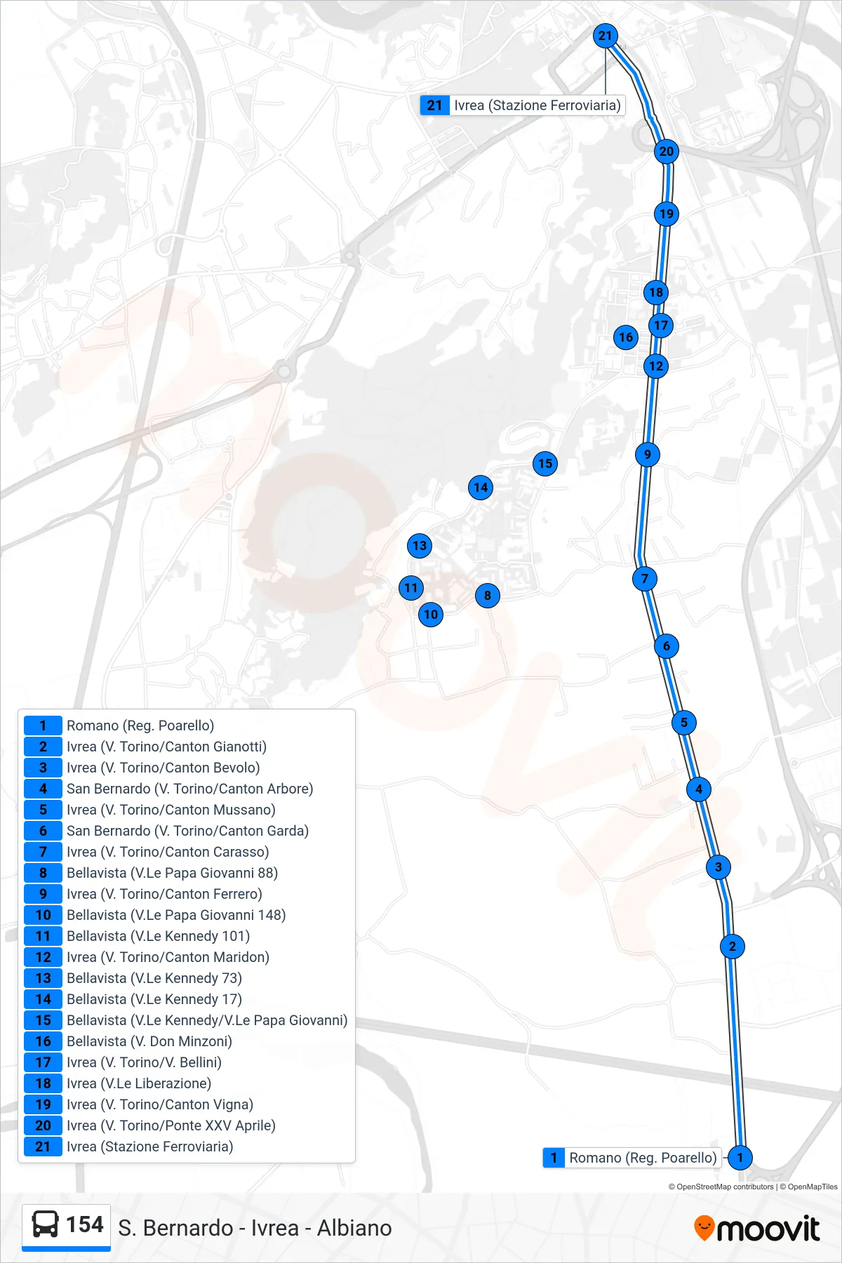Linea 154  bus (Linea 1 Barrato Limitato Stazione) - Percorsi e fermate sulla mappa