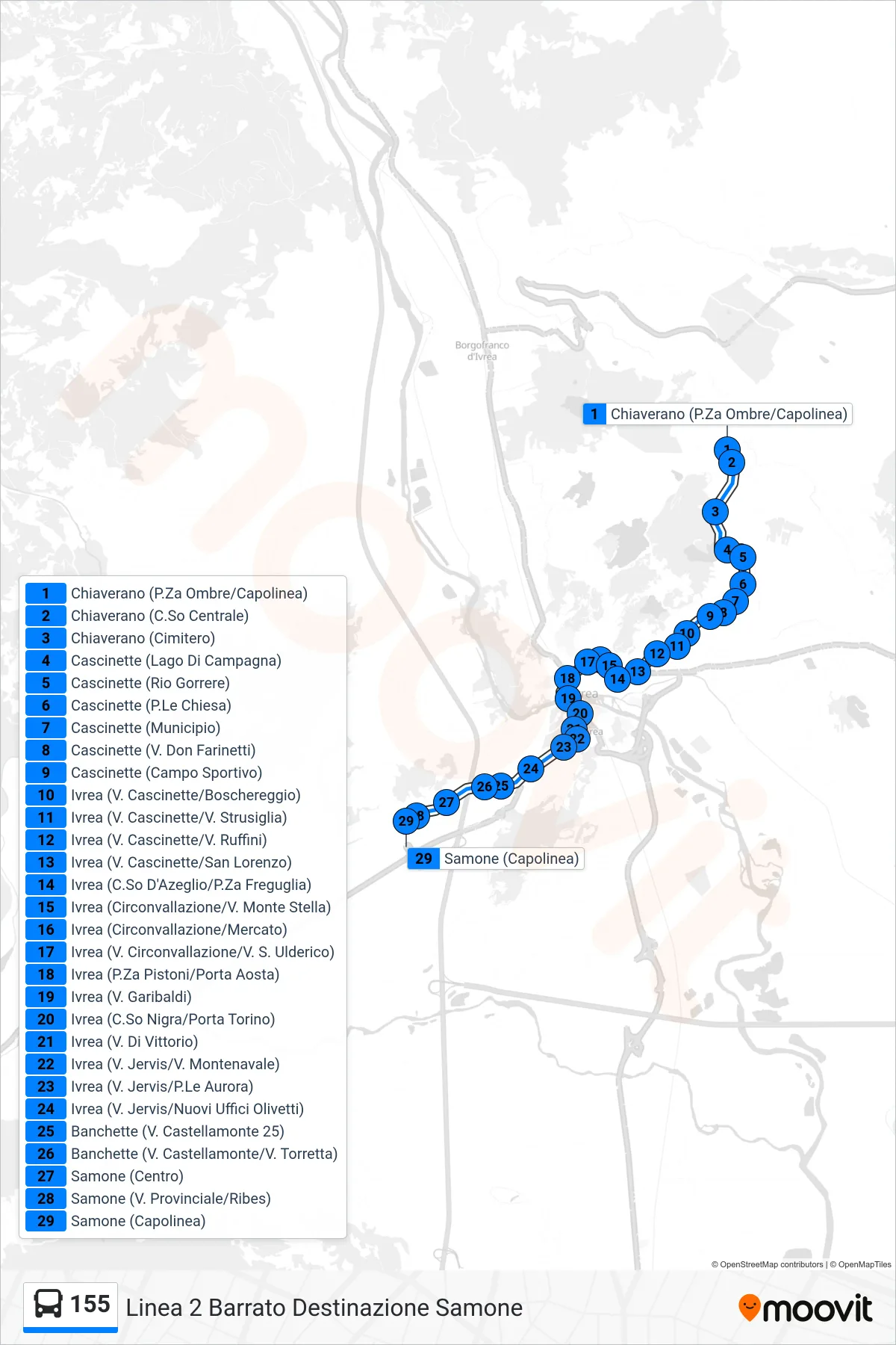 Linea 155 bus (Linea 2 Barrato Destinazione Samone) - Percorsi e fermate sulla mappa