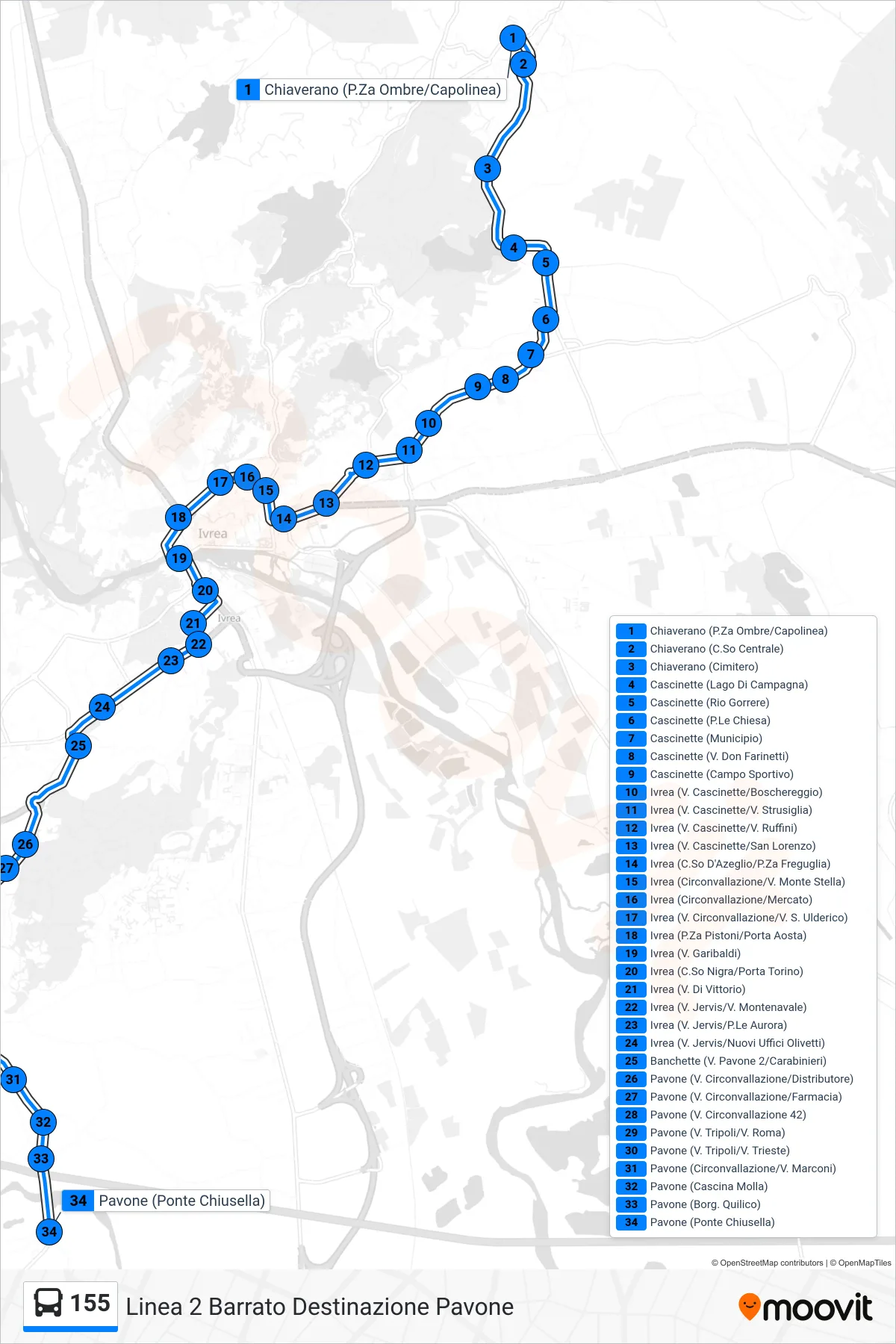Linea 155 bus (Linea 2 Barrato Destinazione Pavone) - Percorsi e fermate sulla mappa