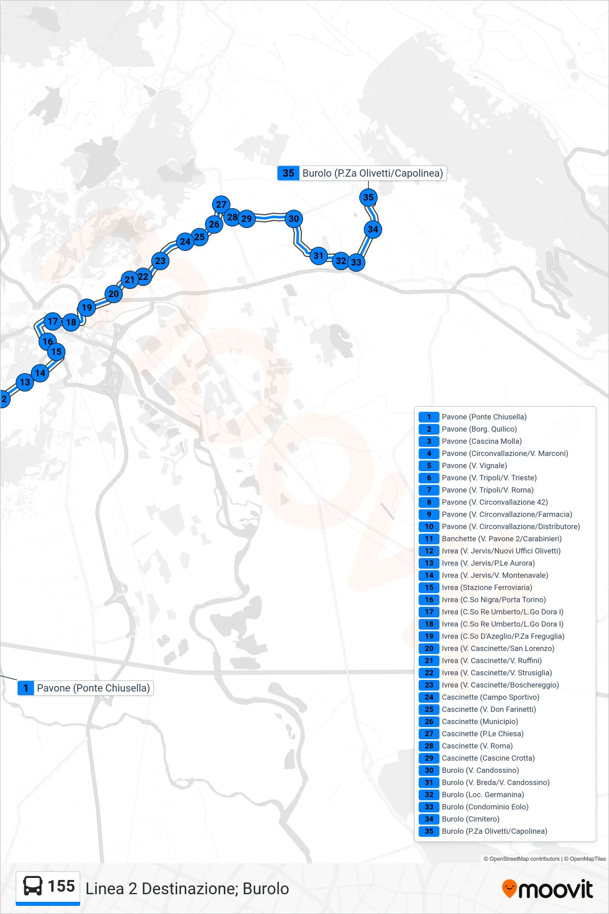 Linea 155  bus (Linea 2 Destinazione; Burolo) - Percorsi e fermate sulla mappa