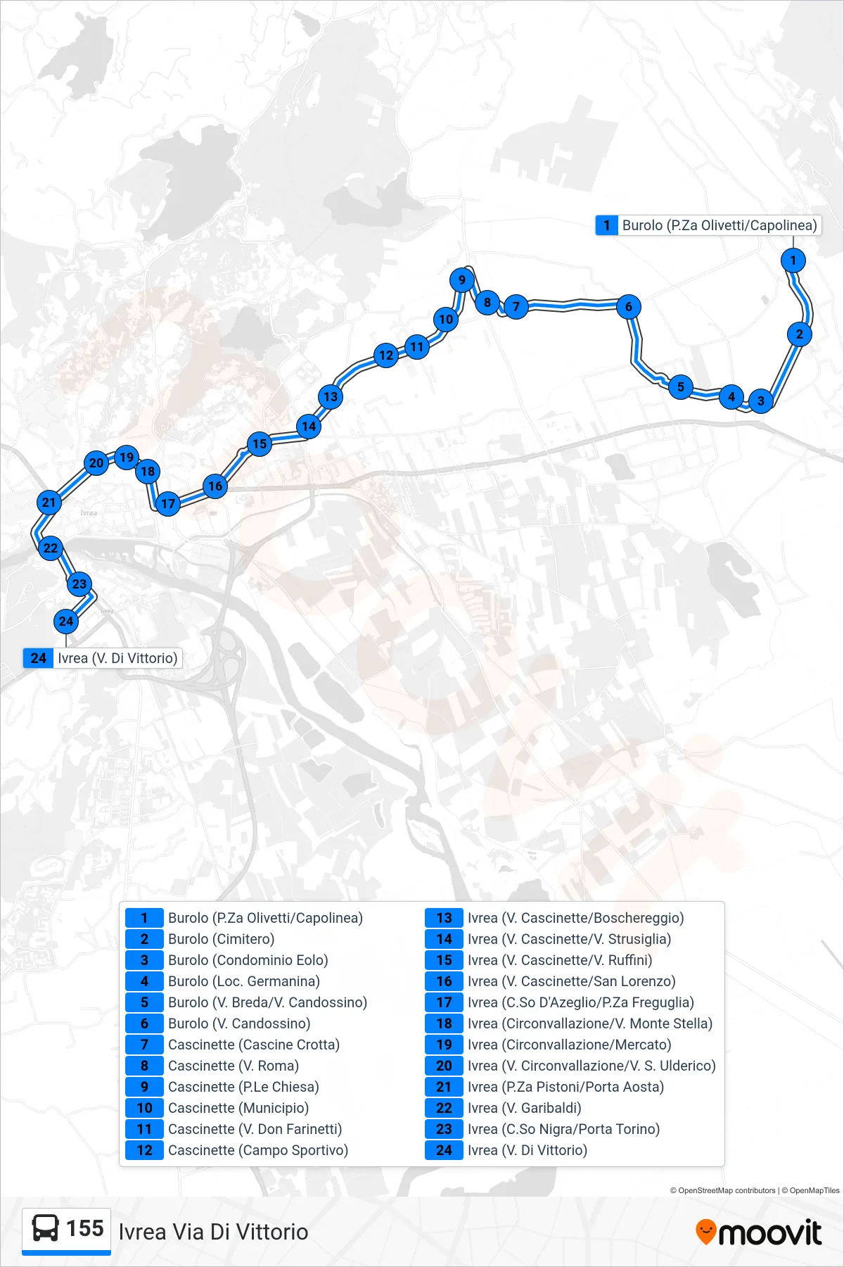 Linea 155 bus (Ivrea Via Di Vittorio) - Percorsi e fermate sulla mappa