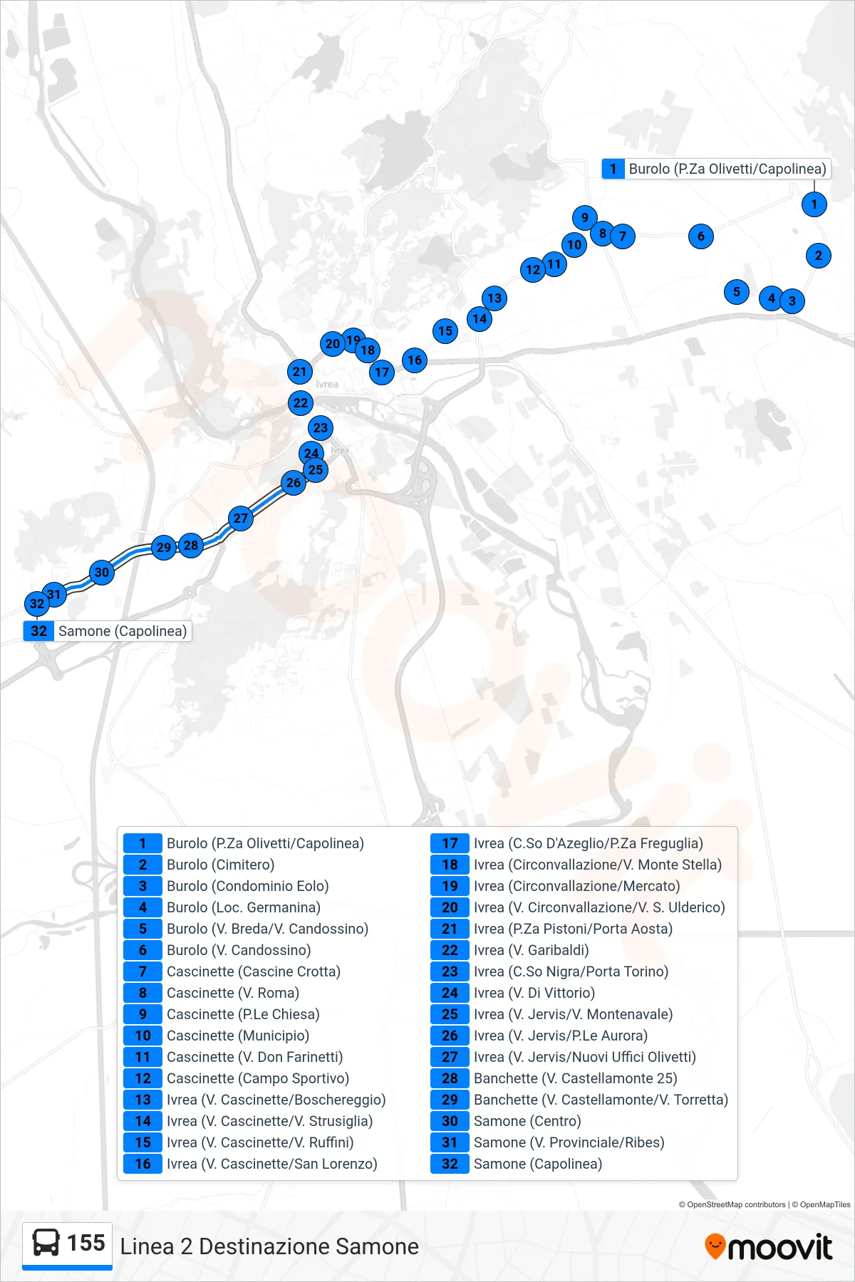 Linea 155  bus (Linea 2 Destinazione Samone) - Percorsi e fermate sulla mappa