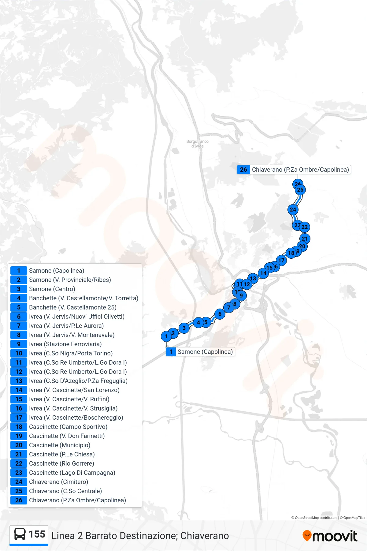 Linea 155 bus (Linea 2 Barrato Destinazione; Chiaverano) - Percorsi e fermate sulla mappa
