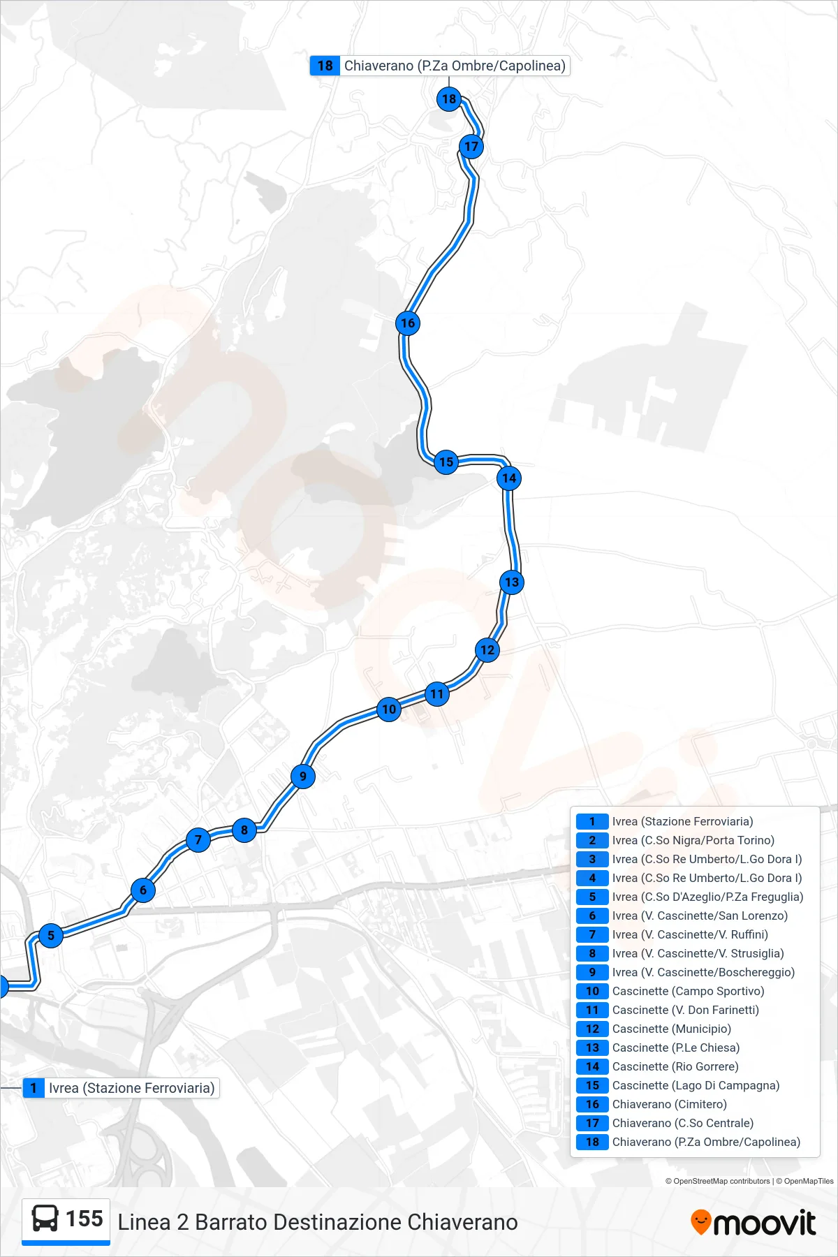 Linea 155  bus (Linea 2 Barrato Destinazione Chiaverano) - Percorsi e fermate sulla mappa