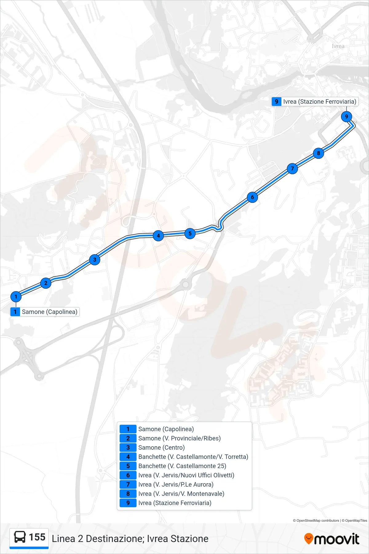 Linea 155 bus (Linea 2 Destinazione; Ivrea Stazione) - Percorsi e fermate sulla mappa