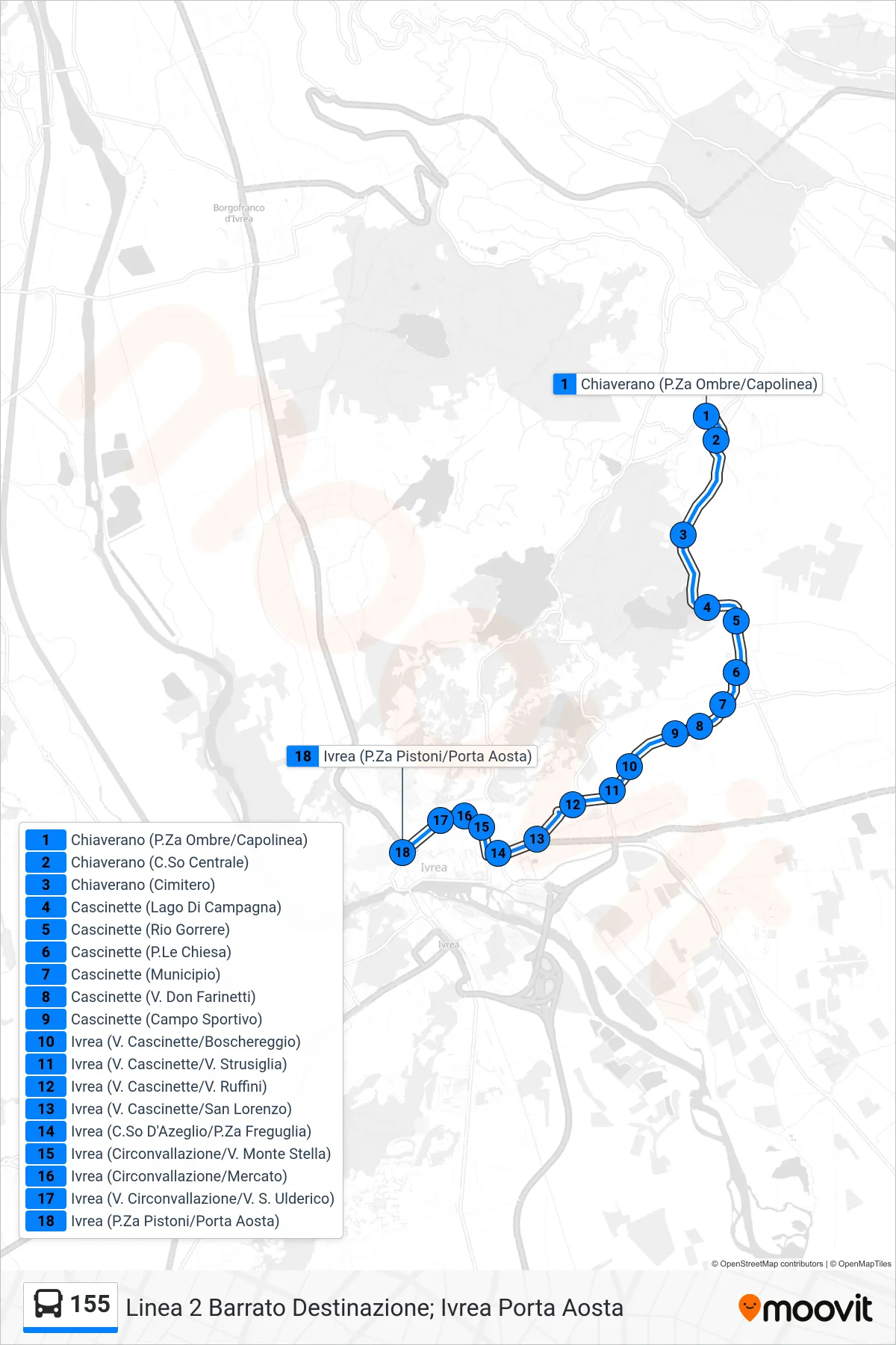 Linea 155 bus (Linea 2 Barrato Destinazione; Ivrea Porta Aosta) - Percorsi e fermate sulla mappa