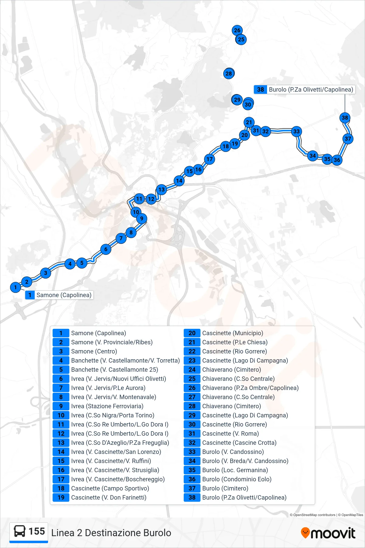 Linea 155 bus (Linea 2 Destinazione Burolo) - Percorsi e fermate sulla mappa