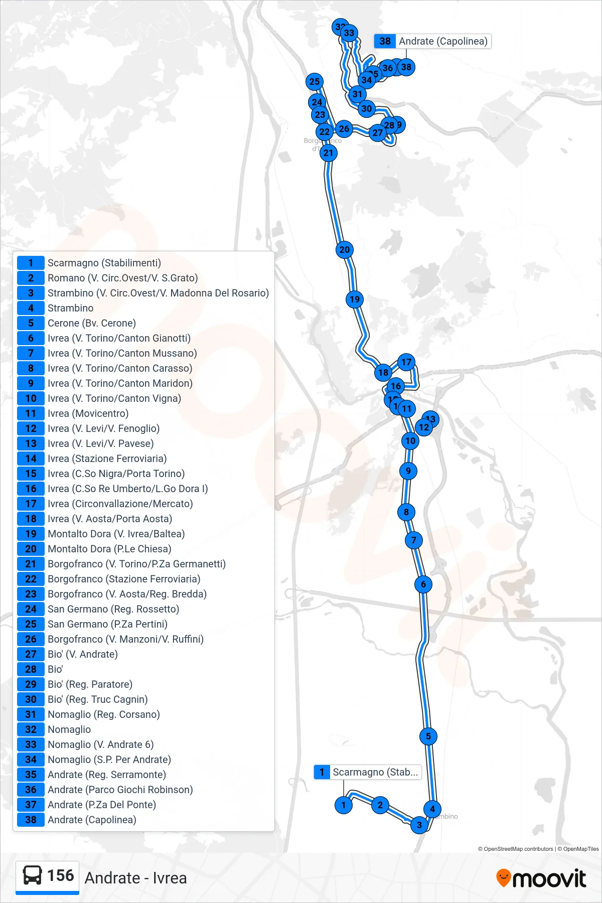Linea 156 bus (Andrate) - Percorsi e fermate sulla mappa