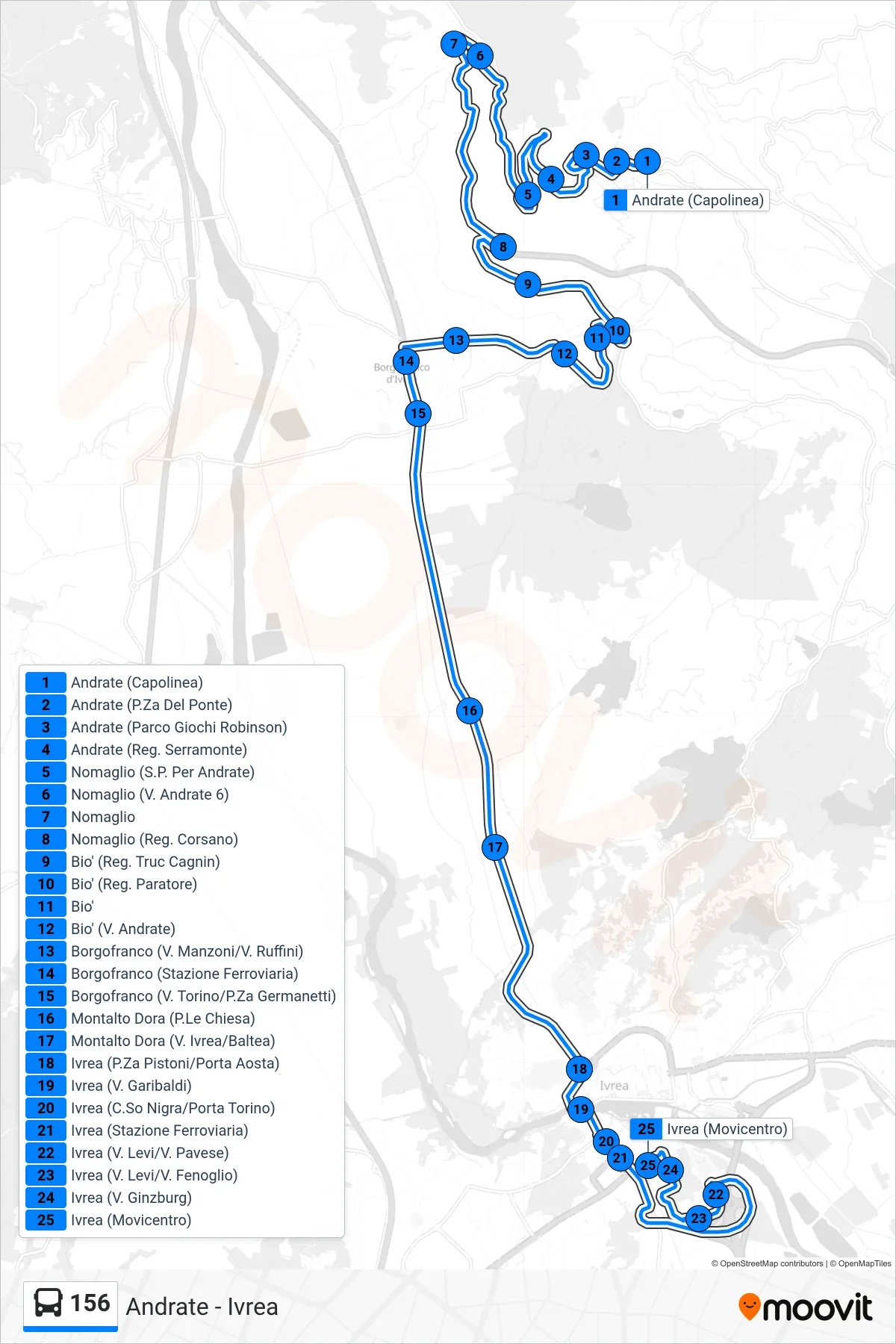 Linea 156 bus (Ivrea Movicentro) - Percorsi e fermate sulla mappa