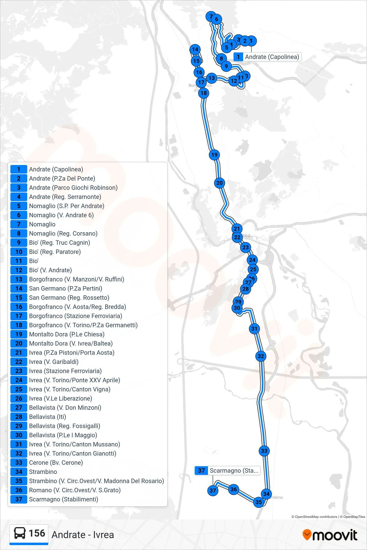 Linea 156 bus (Scarmagno Zona Industriale) - Percorsi e fermate sulla mappa