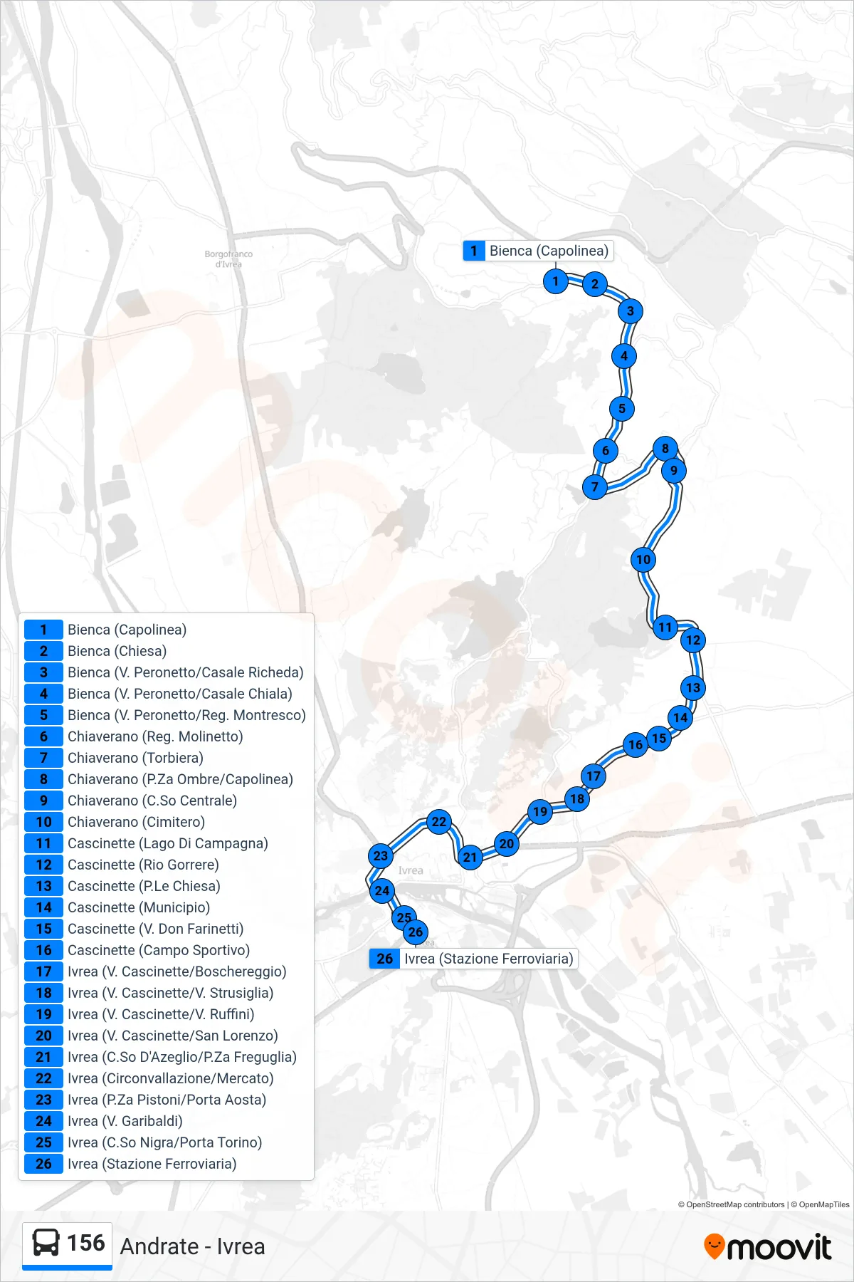 Linea 156 bus (Ivrea Stazione) - Percorsi e fermate sulla mappa