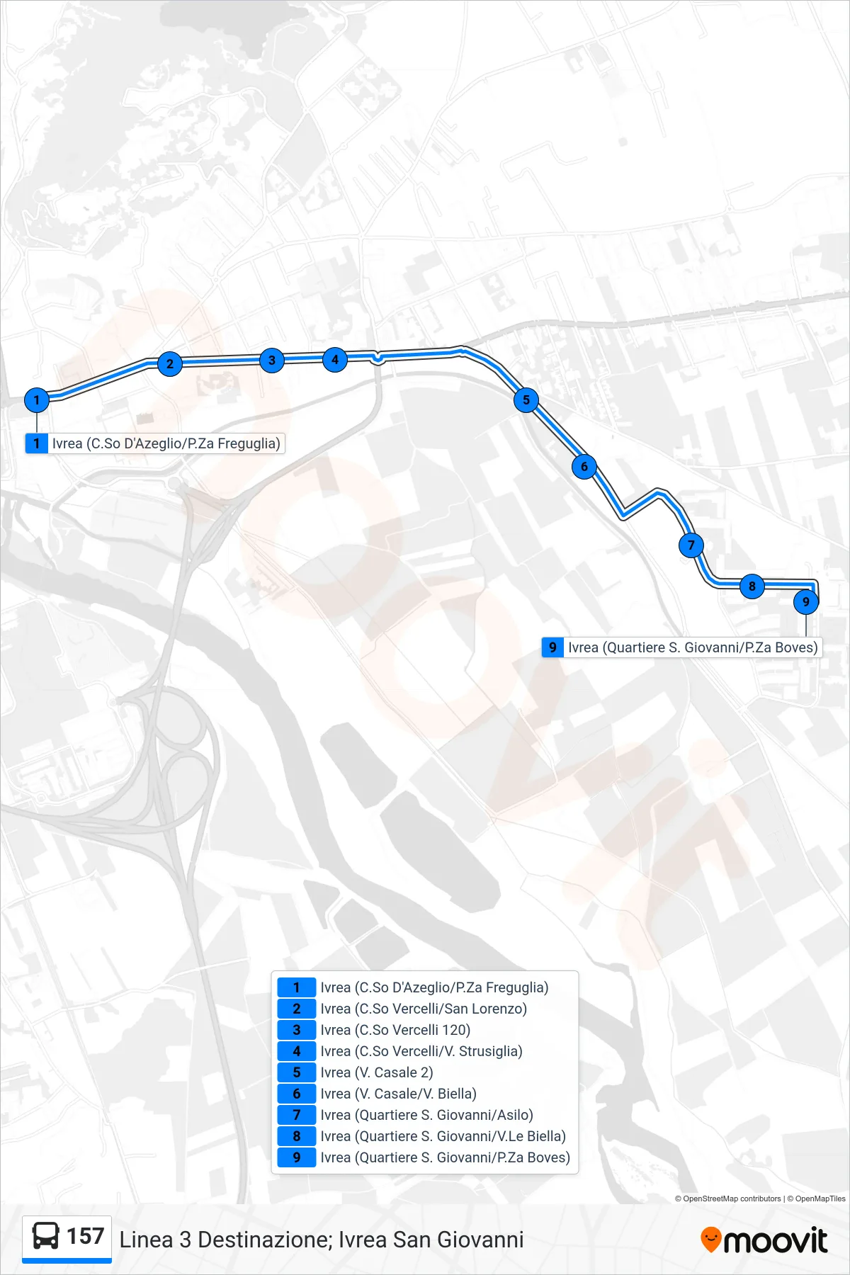 Linea 157  bus (Linea 3 Destinazione; Ivrea San Giovanni) - Percorsi e fermate sulla mappa