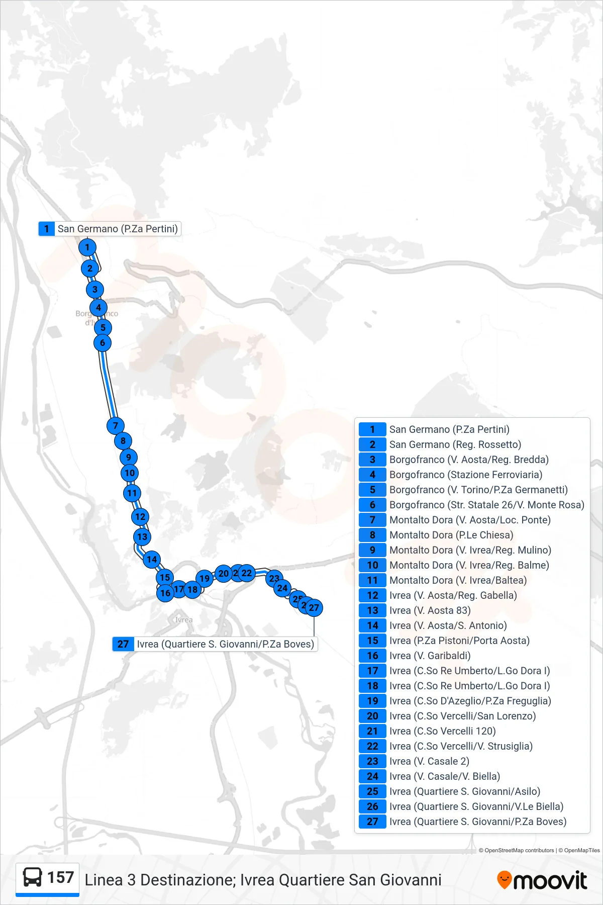 Linea 157 bus (Linea 3 Destinazione; Ivrea Quartiere San Giovanni) - Percorsi e fermate sulla mappa