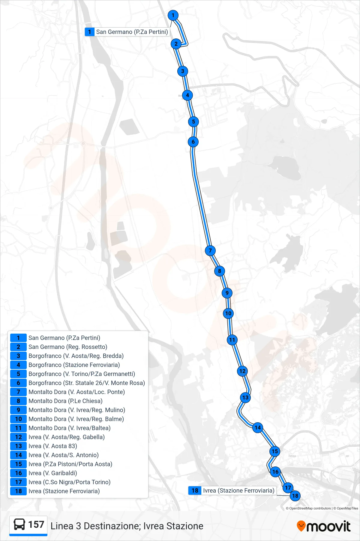 Linea 157  bus (Linea 3 Destinazione; Ivrea Stazione) - Percorsi e fermate sulla mappa