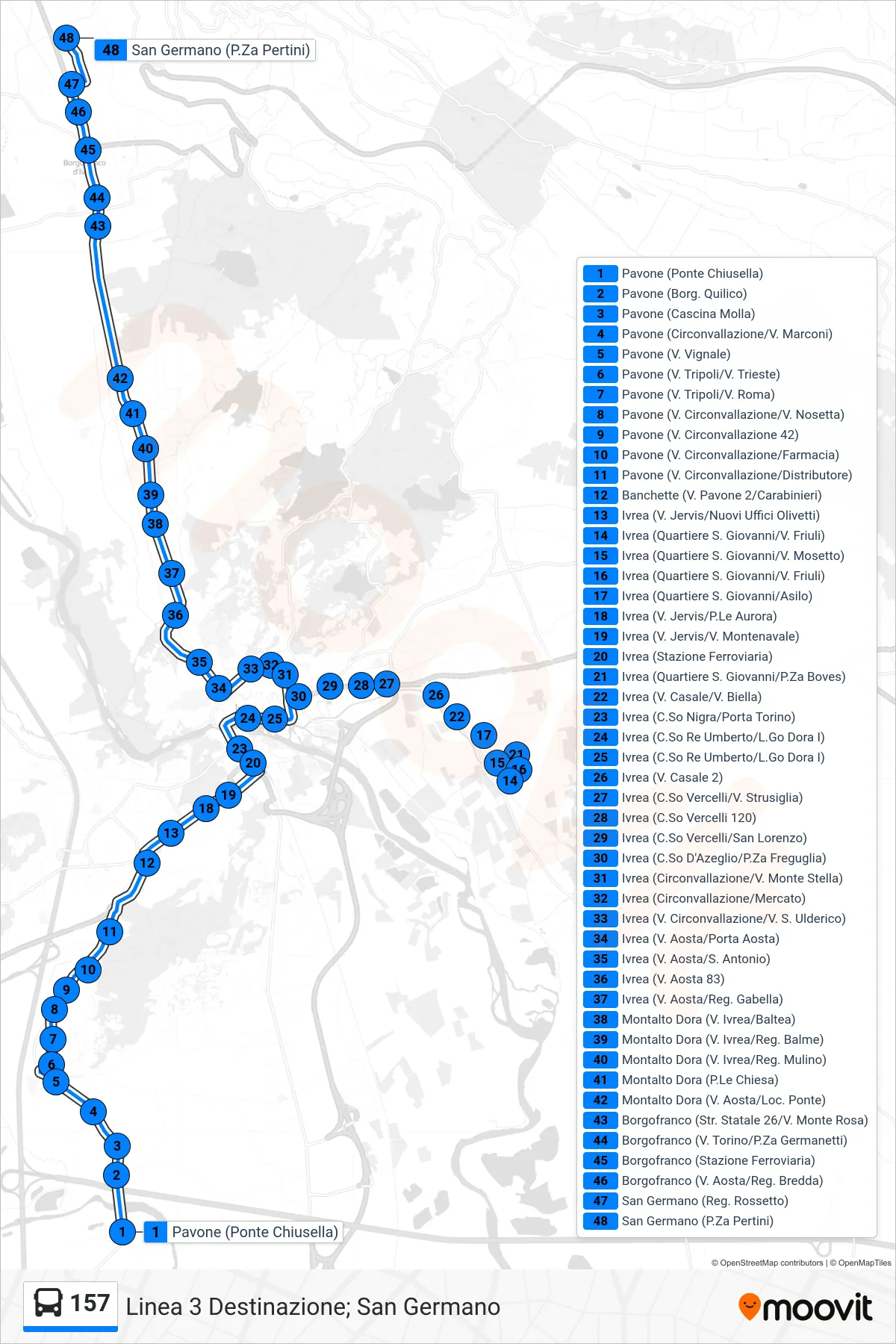 Linea 157 bus (Linea 3 Destinazione; San Germano) - Percorsi e fermate sulla mappa