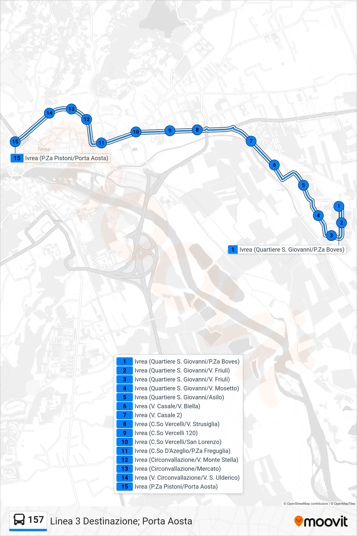 Linea 157  bus (Linea 3 Destinazione; Porta Aosta) - Percorsi e fermate sulla mappa