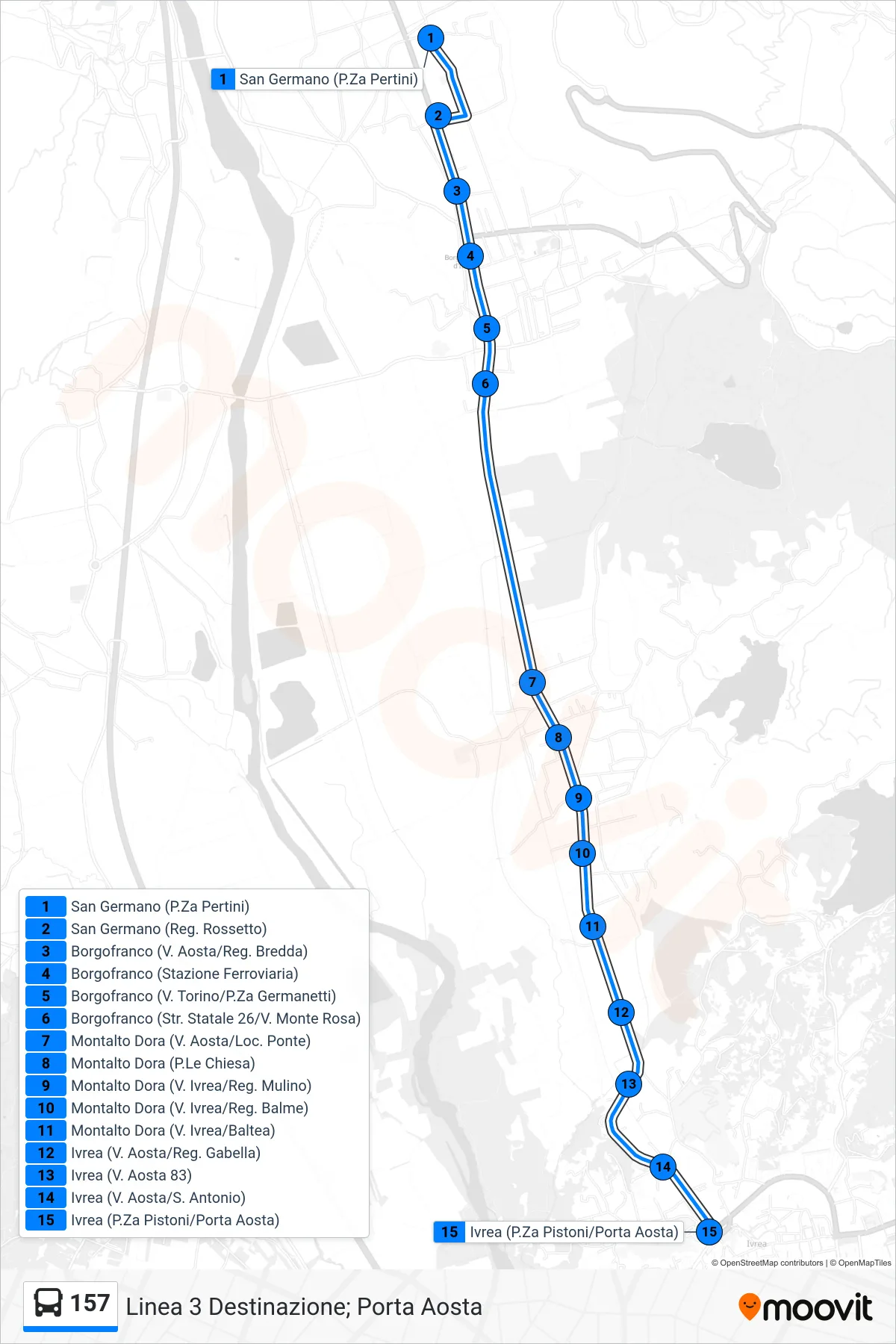 Linea 157 bus (Linea 3 Destinazione; Porta Aosta) - Percorsi e fermate sulla mappa