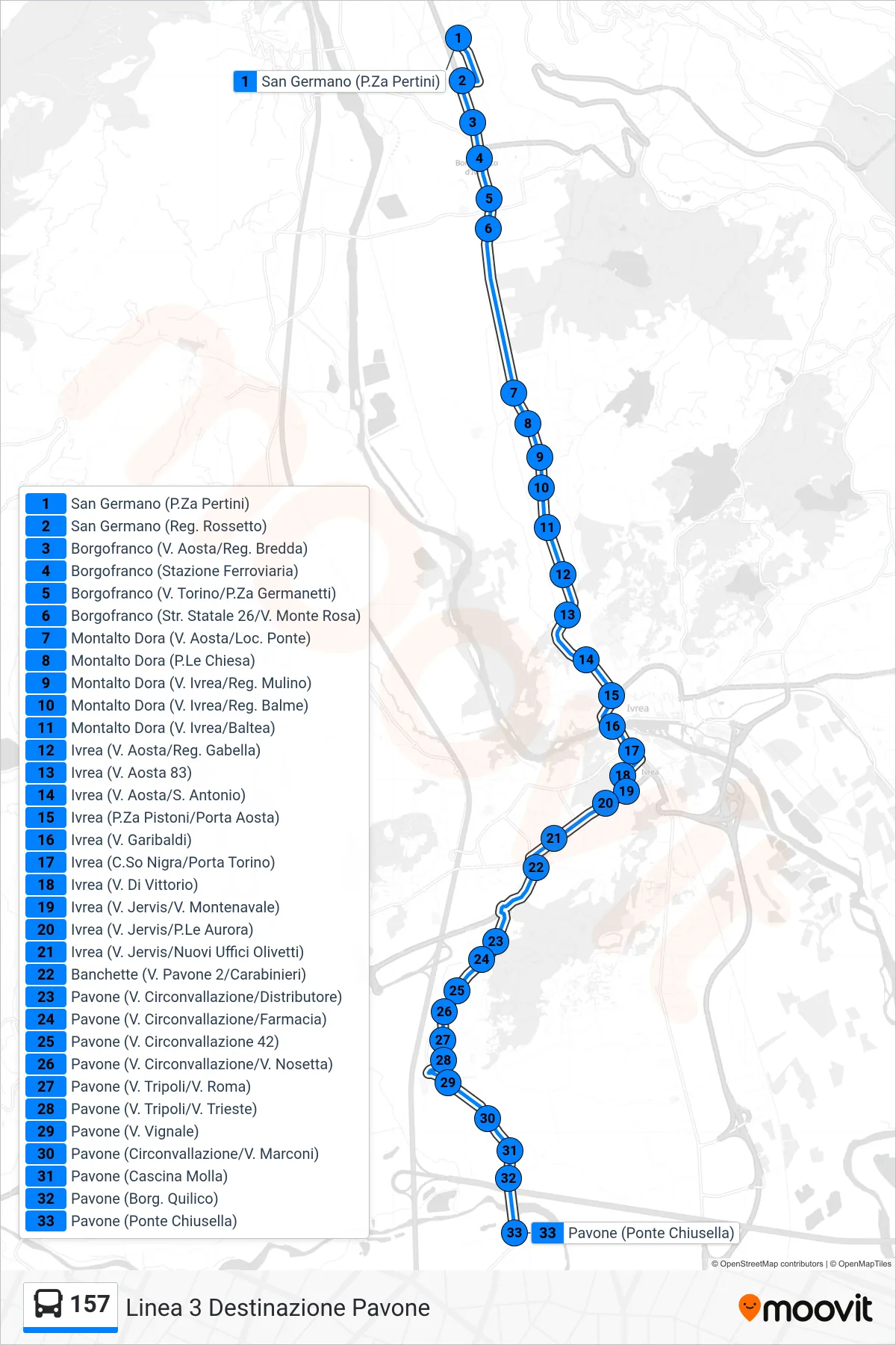 Linea 157  bus (Linea 3 Destinazione Pavone) - Percorsi e fermate sulla mappa