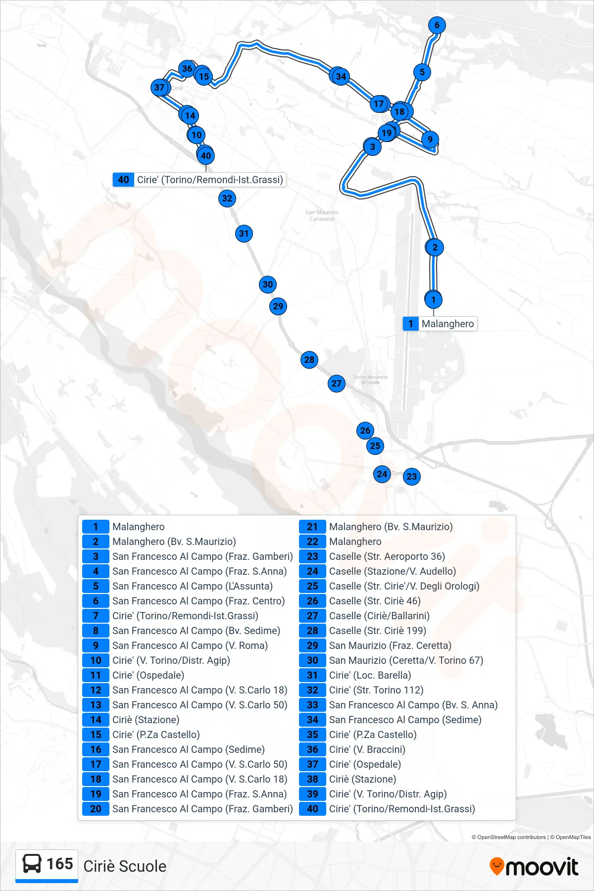 Linea 165  bus (Ciriè Scuole) - Percorsi e fermate sulla mappa