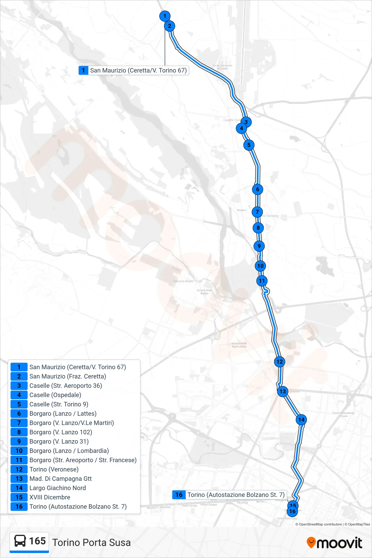 Linea 165 bus (Torino Porta Susa) - Percorsi e fermate sulla mappa