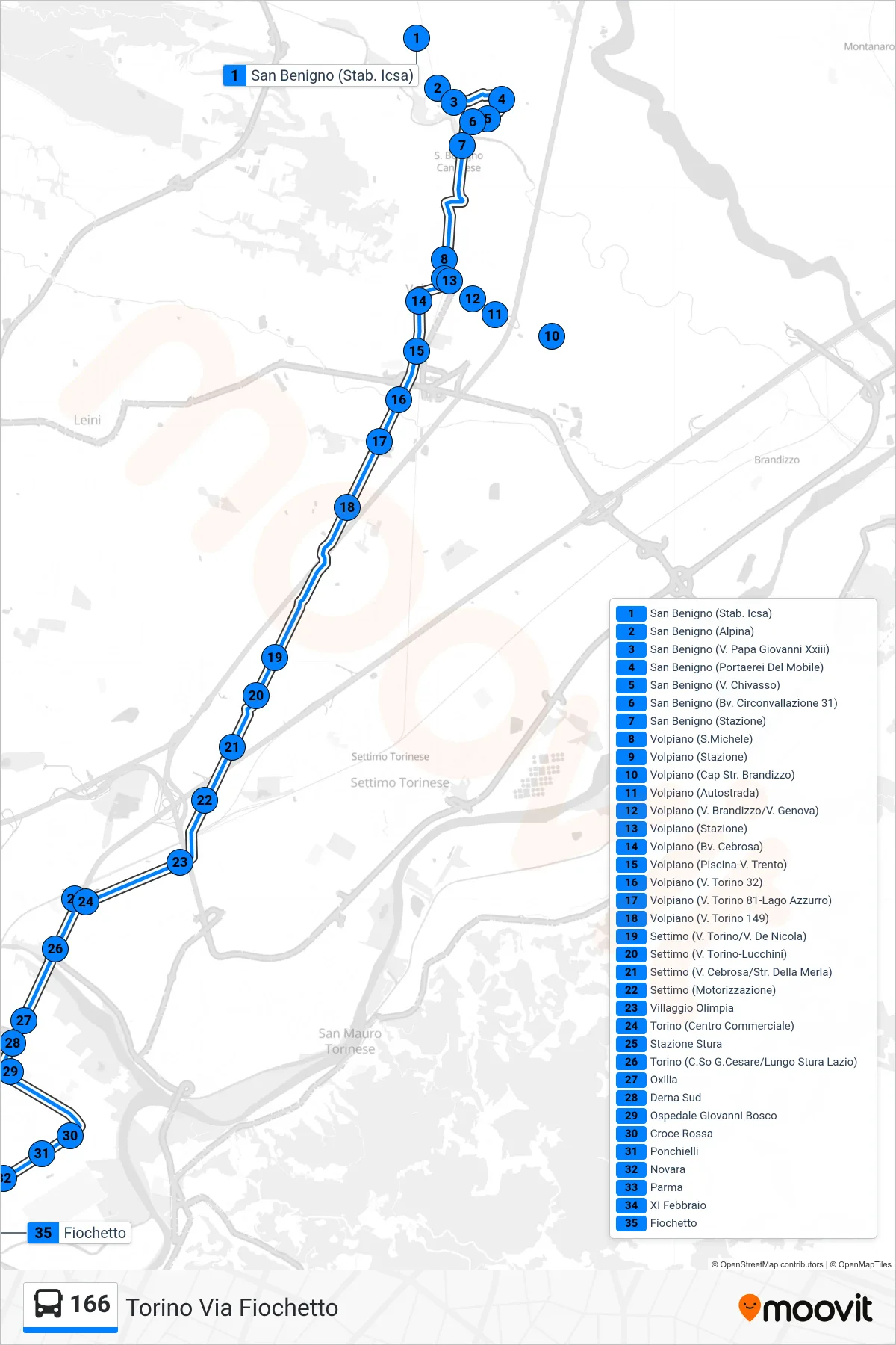 Linea 166  bus (Torino Via Fiochetto) - Percorsi e fermate sulla mappa