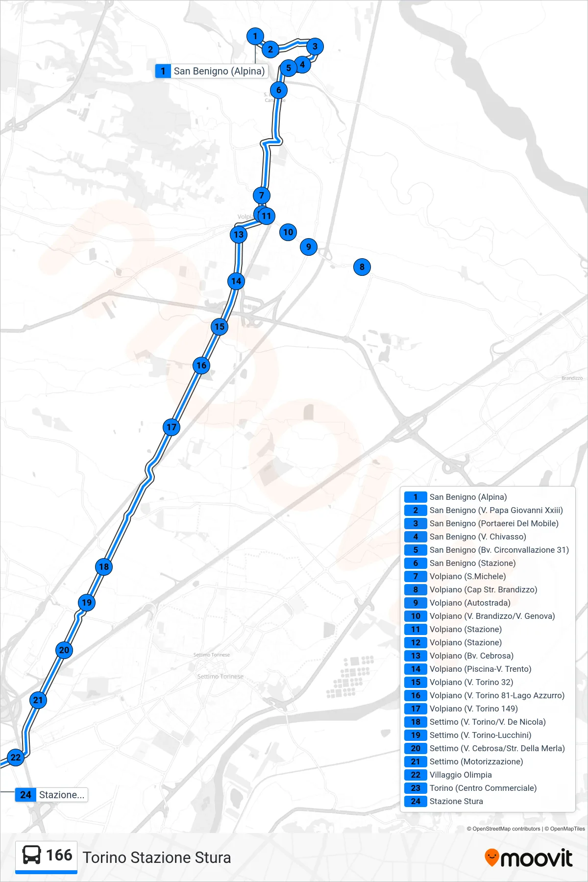 Linea 166  bus (Torino Stazione Stura) - Percorsi e fermate sulla mappa