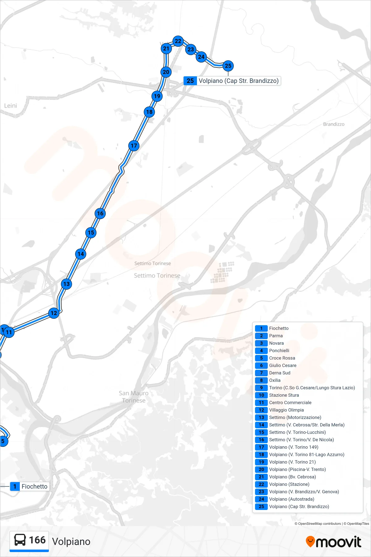 Linea 166  bus (Volpiano) - Percorsi e fermate sulla mappa